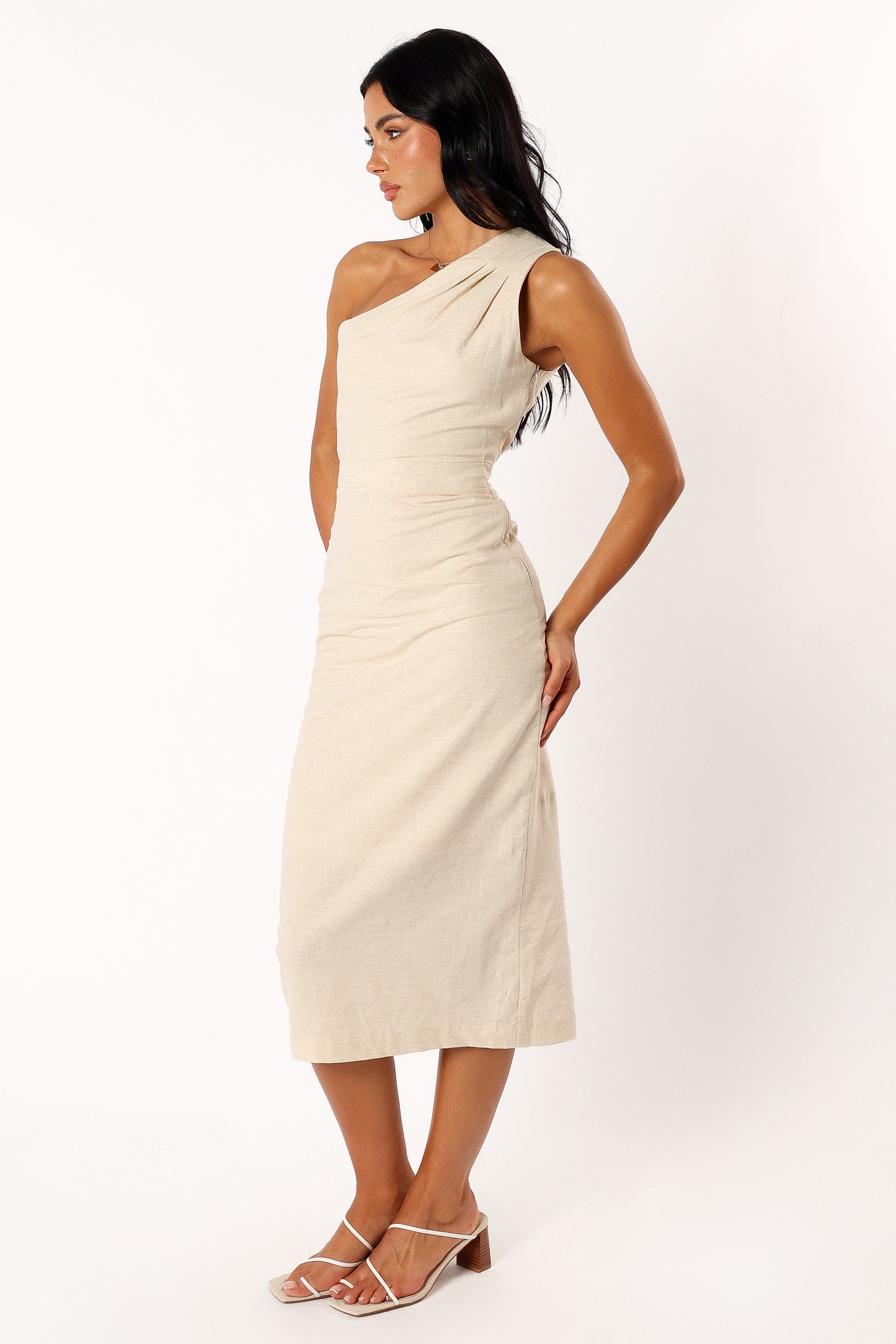 Gibson One Shoulder Midi Dress in Oatmeal - Elegant Women's Party Cocktail Dress for Weddings, Date Nights & Special Occasions