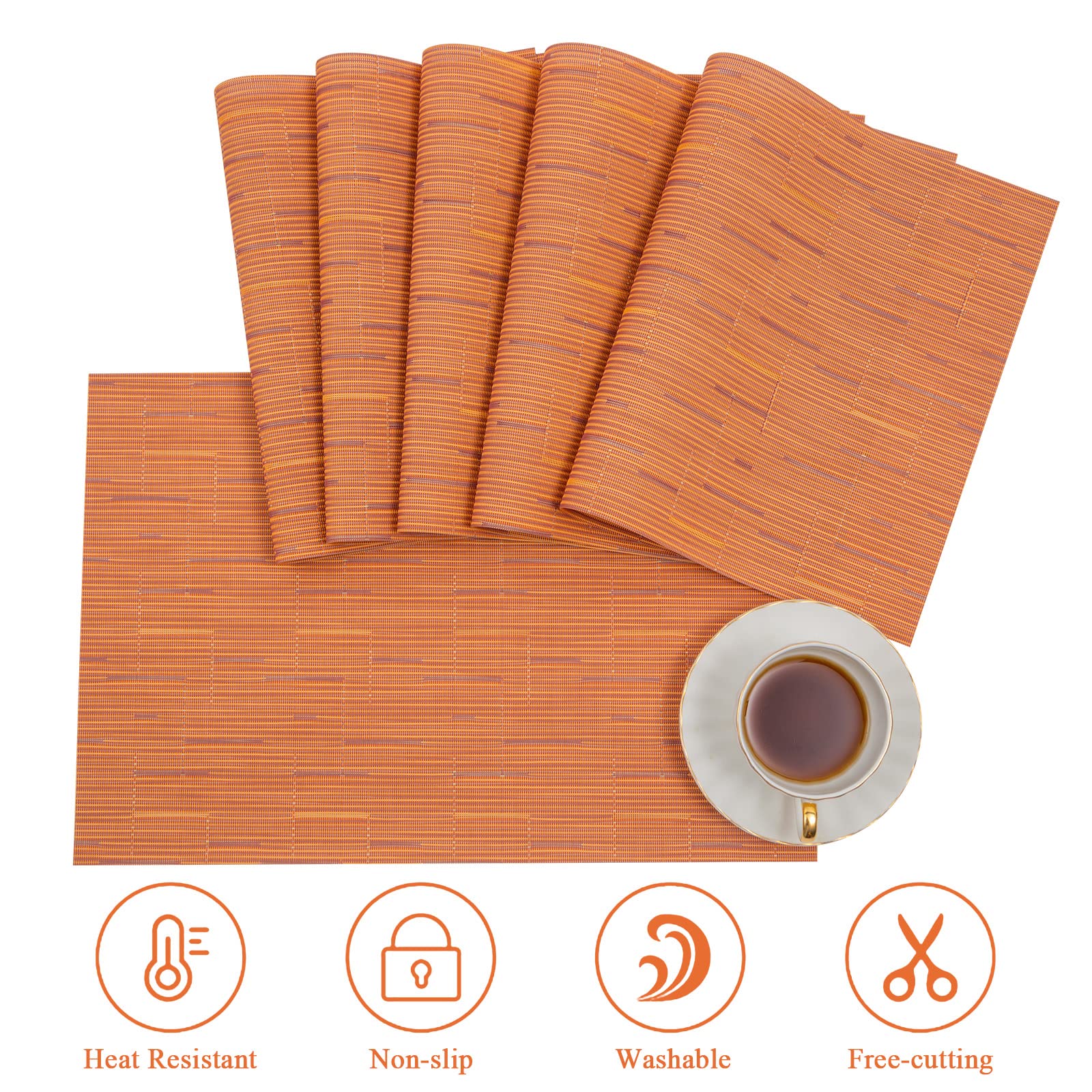 U'Artlines Heat-Resistant PVC Placemats Set of 6 - Stain Proof, Non-Slip, Washable Vinyl Table Mats for Dining, Kitchen & Outdoor Use (Orange)