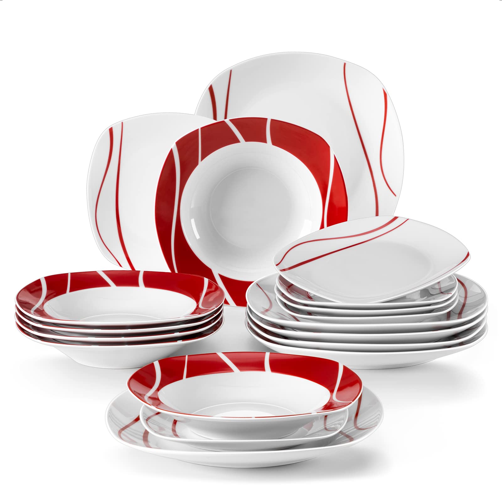 MALACASA 18-Piece Porcelain Dinnerware Set - Square Plates & Bowls in Grey White | Includes Dinner Plates, Dessert Plates & Salad/Pasta Bowls | Service for 6 | Elegant Table Setting for Family Dinners, Parties & Restaurant Use | Series Felisa