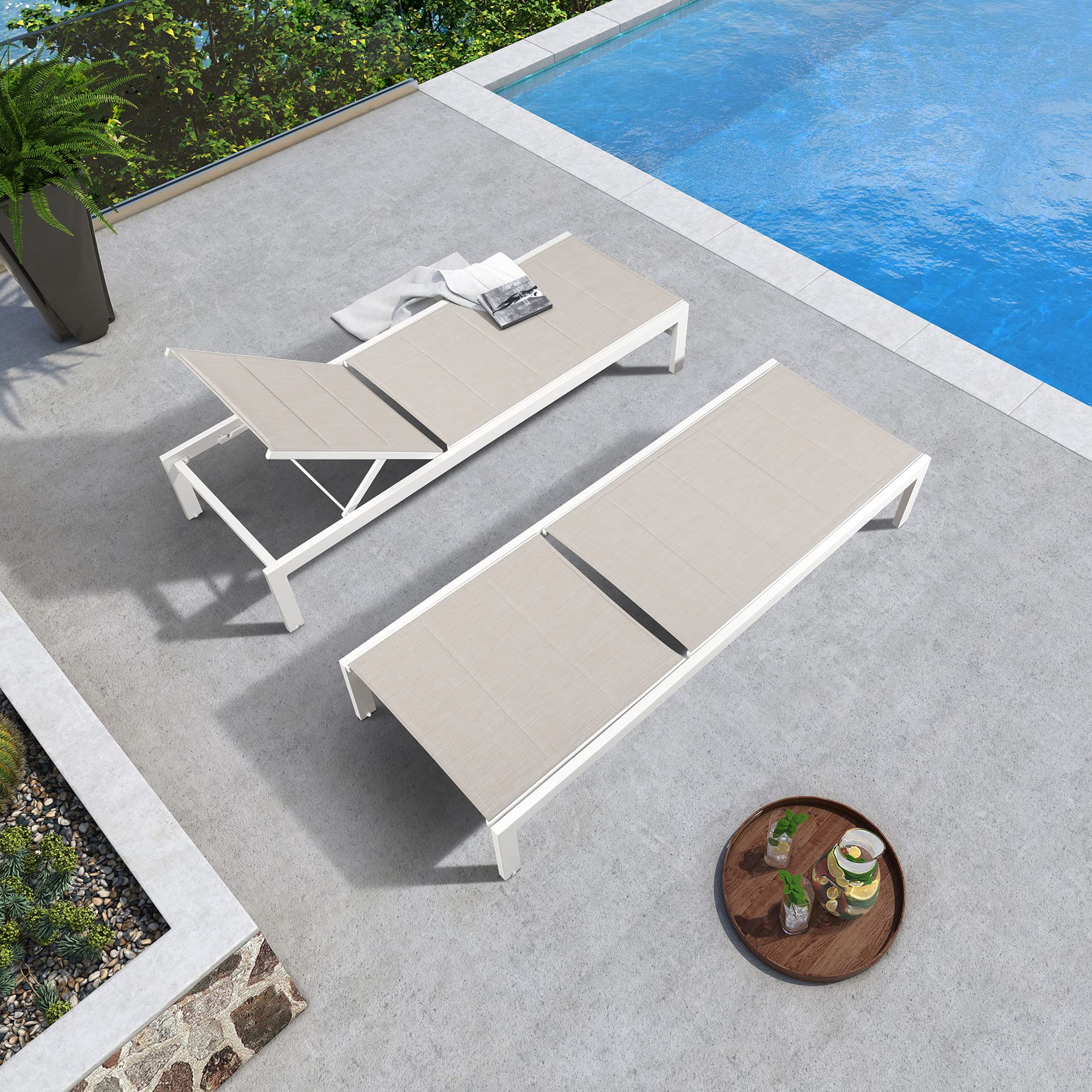 Ulax Outdoor Lounge Chair Set of 2 - Adjustable Aluminum Chaise Lounge with Wheels & Quick-Dry Foam Cushions - Patio, Poolside, Beach & Backyard Relaxation (Beige)