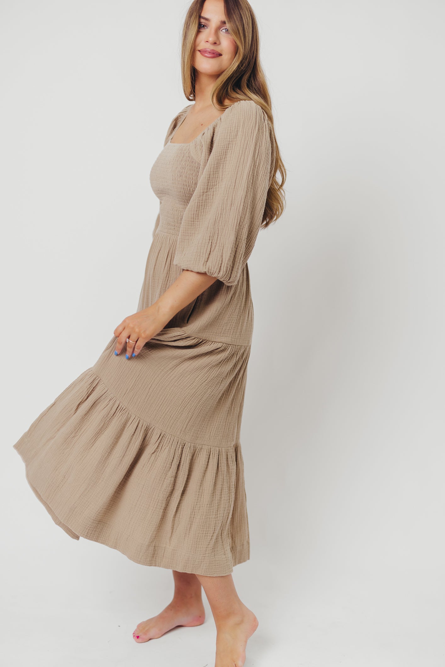 Taylor Cotton Smocked Midi Dress with Tiered Skirt in Pumice - Inclusive Sizing (XS-3X) | Flowy Summer Dress for Women | Perfect for Beach Vacations, Brunch Dates & Garden Parties
