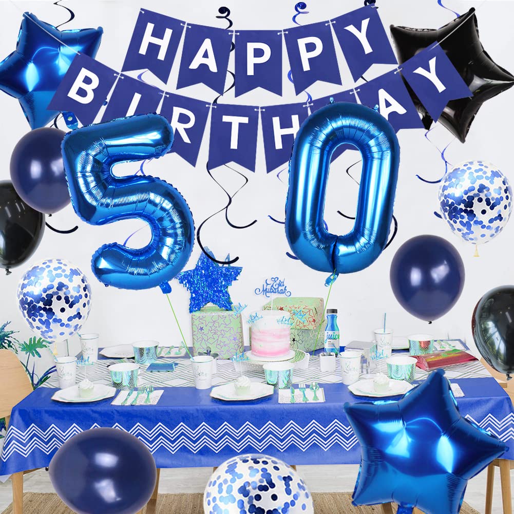 50th Birthday Decorations for Men - Blue Happy Birthday Banner with Number 50 Foil Balloon - Perfect for 50th Anniversary Party Decor & Backdrop - Ideal for Milestone Celebrations, Retirement Parties & Special Occasions