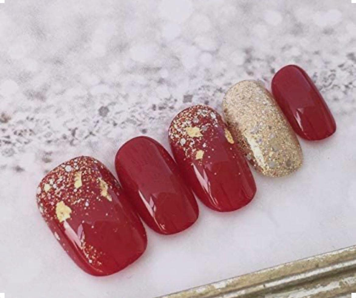 Aarti Enterprises Press on Nails for Women - Lightweight Glossy Artificial Nails Set with Shimmering Multi-Color Design (10-Pack, Golden & Red) | Perfect for Parties, Weddings & Special Occasions