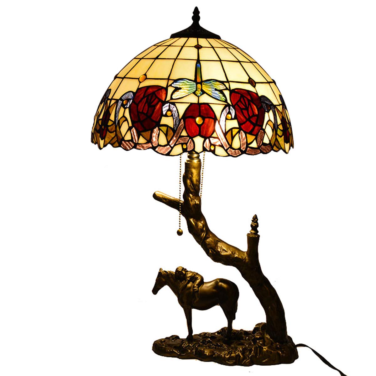 Tiffany Style Rose Table Lamp with Pastoral Floral Dragonfly Stained Glass - 16 Inch Resin Pony Base Desk Lamp for Bedroom, Living Room & Study - Perfect for Reading, Nightstand Decor and Cozy Home Ambiance