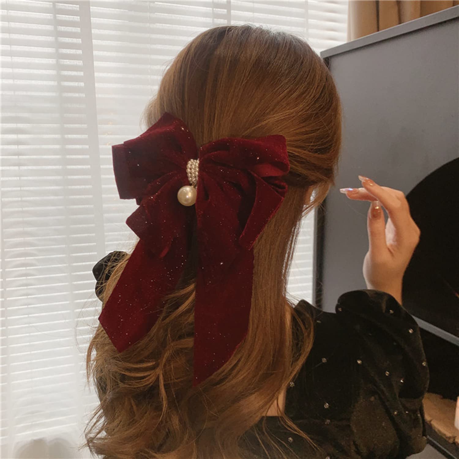 Elegant Big Bow Hair Clips with Pearl Accents - Large Soft Hair Barrettes for Women & Girls (Red) - Perfect for Weddings, Parties & Everyday Hair Accessories