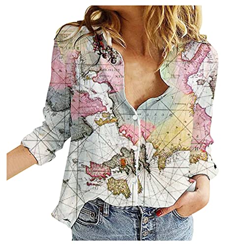 Women's Casual Long Sleeve Button Down Shirt with Map Print - Loose Fit Lapel Graphic Tee for Everyday Wear (White, Size S) | Perfect for Work, Travel & Street Style Fashion