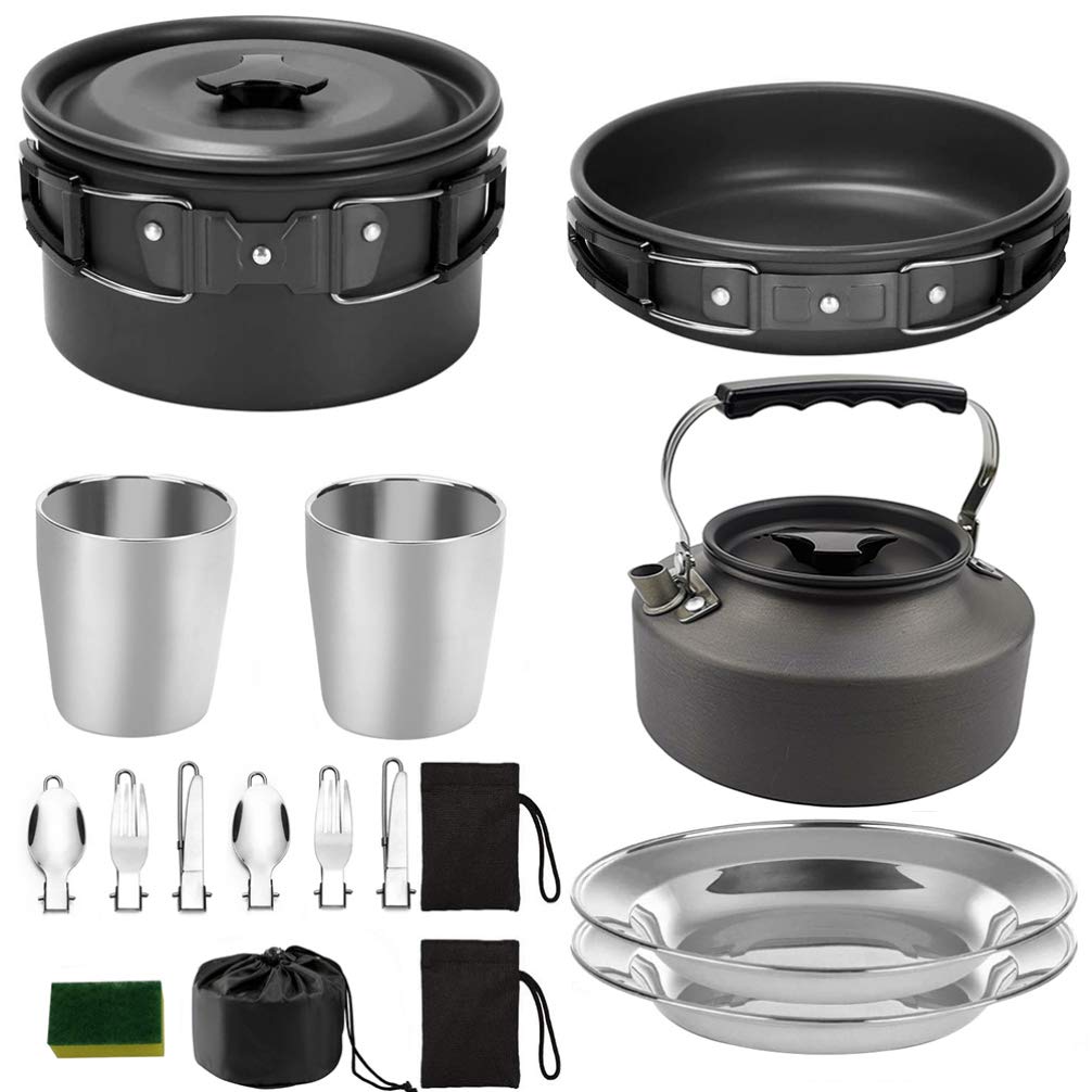 BESPORTBLE Portable Camping Stove Set - Lightweight Outdoor Cookware Kit with Kettle, Pan, Pot & Utensils for 2-3 People | Perfect for Hiking, Backpacking, Picnics & RV Trips | Compact Cooking Gear for Outdoor Adventures