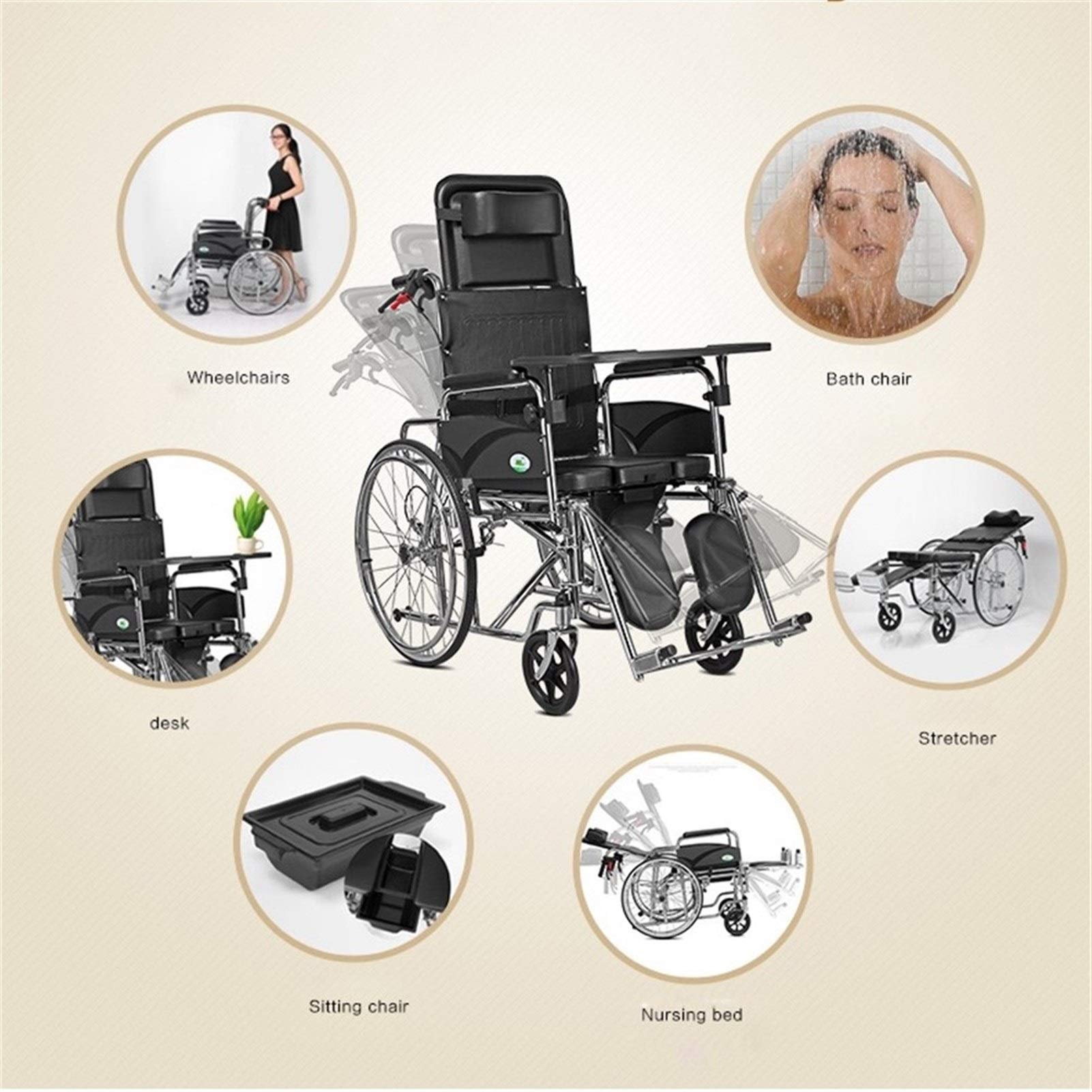 High Back Reclining Commode Wheelchair - Foldable Shower Chair with Lying Function | Adjustable Bathroom Safety Scooter for Elderly & Disabled Care | Home & Hospital Use (Upgraded Version)