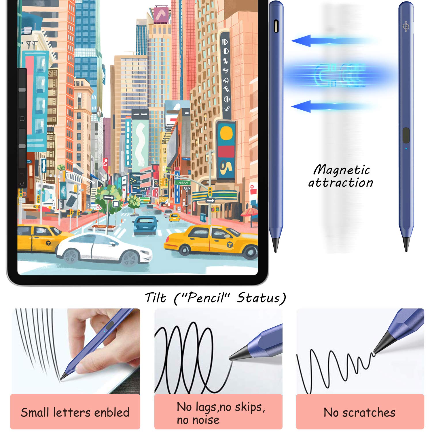 KABCON Stylus Pen for iPad 2018-2023 - Apple Pencil Alternative with Tilt & Palm Rejection, Magnetic Attachment - Compatible with iPad 6th/7th/8th/9th Gen, iPad Mini 5th/6th Gen, iPad Pro 11