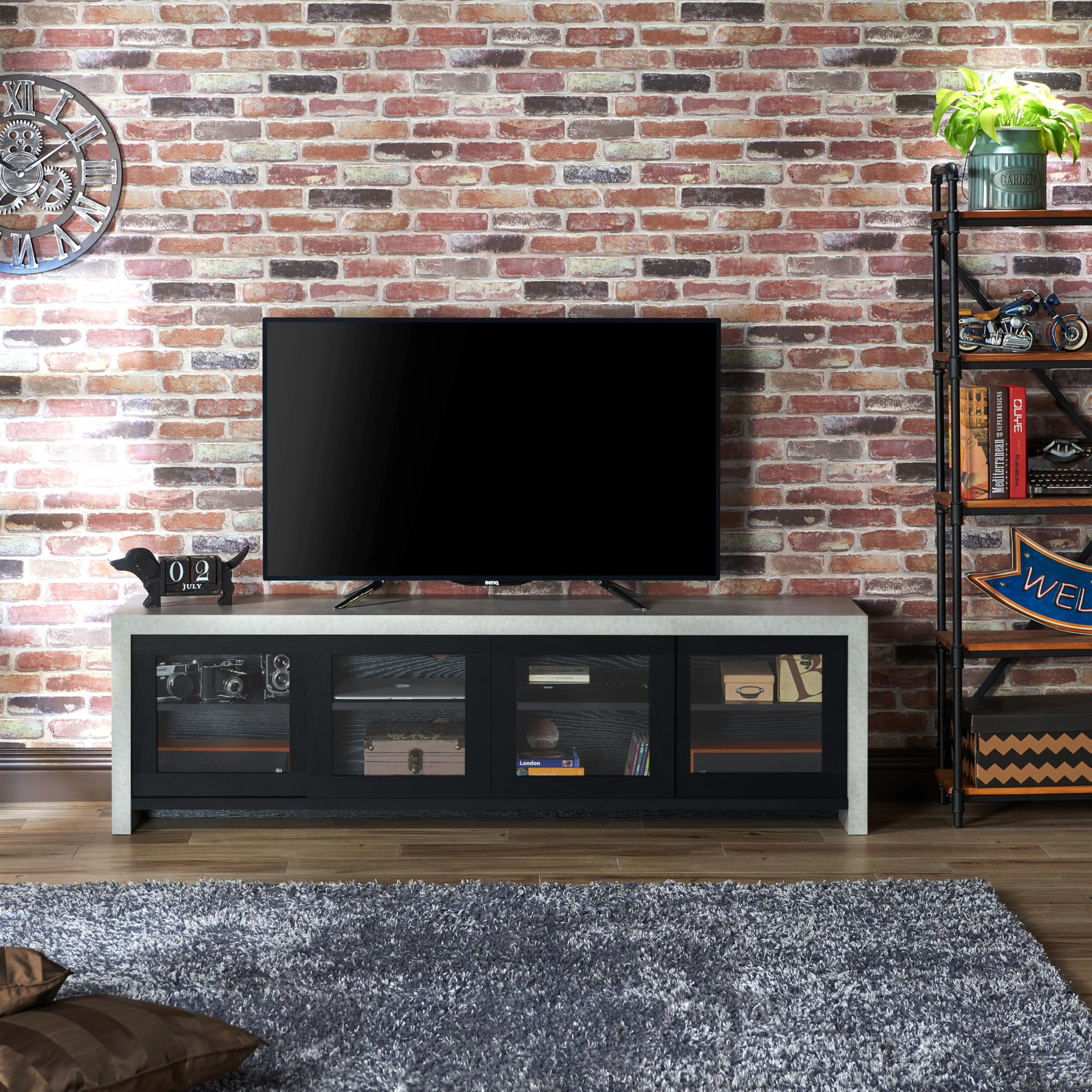 Modern Sliding Glass Door TV Stand - Black & Cement Finish - 24/7 Shop at Home Nouel - Perfect for Living Room, Bedroom & Home Theater Setup