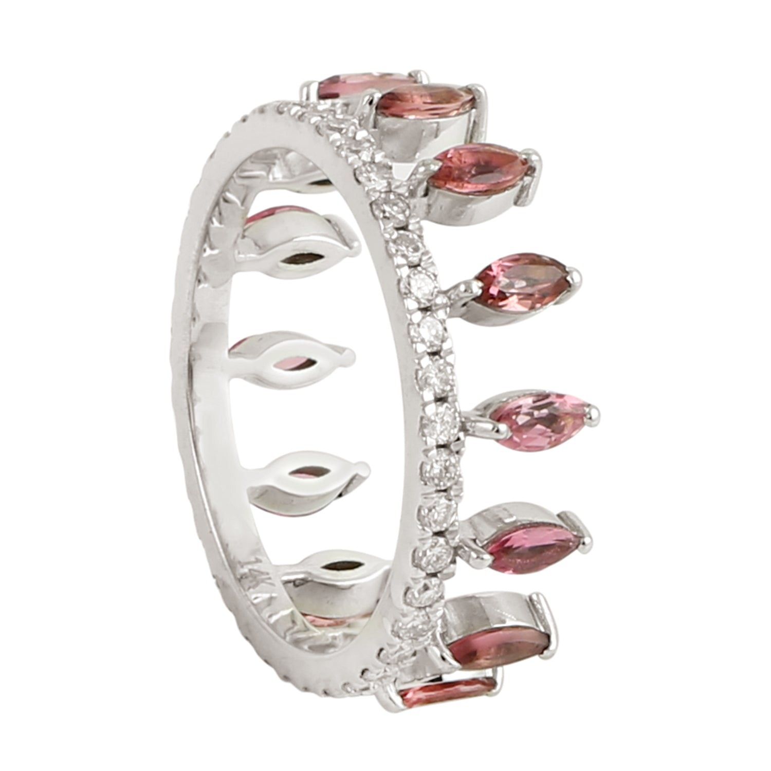 14K White Gold Marquise Pink Tourmaline and Diamond Pave Tiara Band Ring - Elegant Bridal Jewelry for Weddings, Prom & Special Occasions