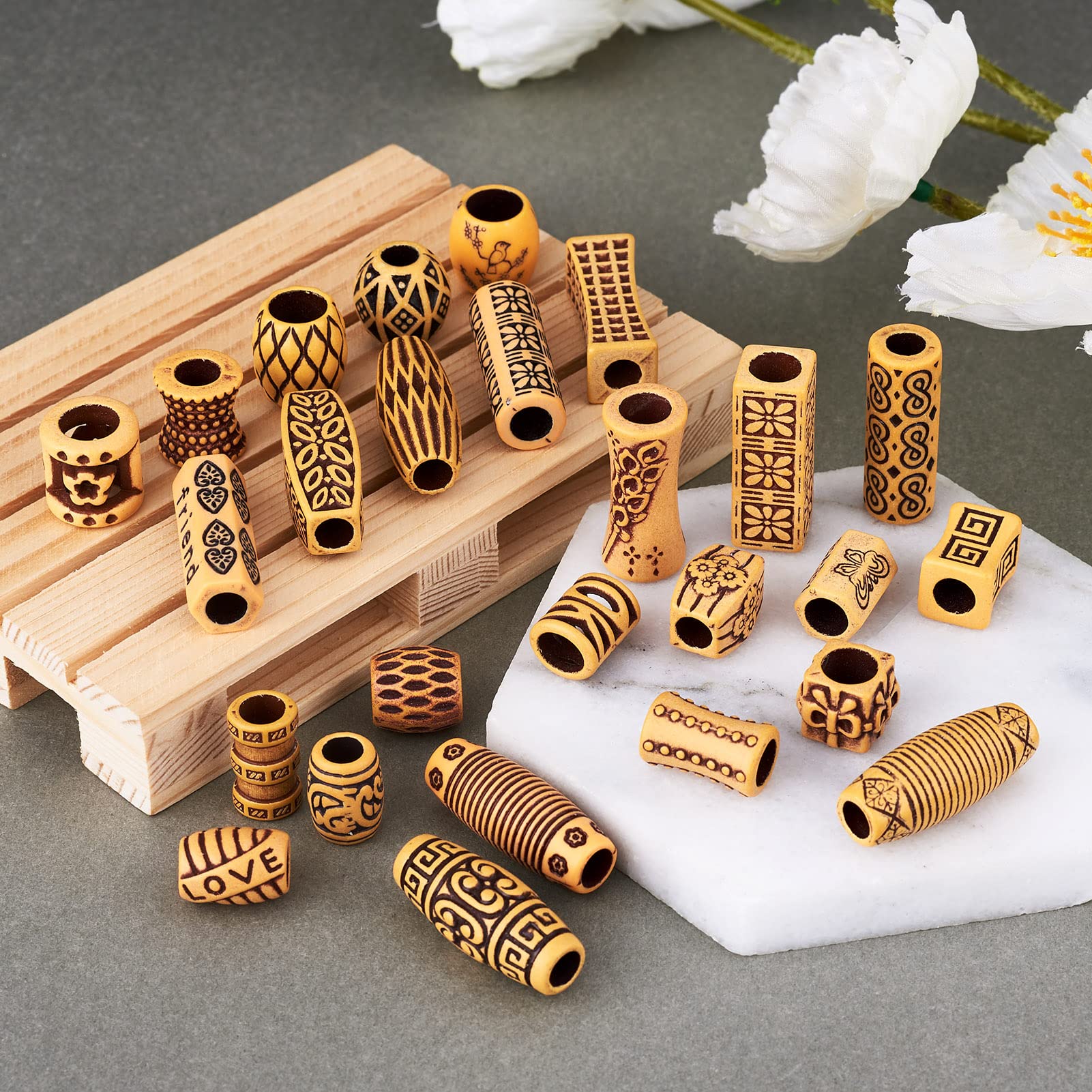 130Pcs Plastic Wood-Look Beads for Hair Braiding - 26 Styles (Column, Cube, Round, Oval, Rectangle) - Large Hole Dreadlock Beads for Jewelry Making & DIY Crafts - Perfect for Boho Hairstyles, Festival Looks & Gift Making