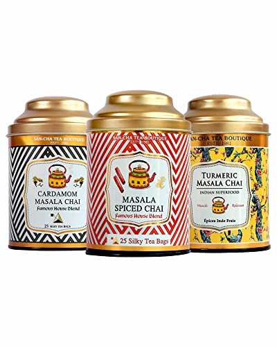 Premium Indian Masala Chai Tea Bundle - Turmeric Chai, Cardamom Chai & Original Cinnamon Ginger Chai | 100% Biodegradable Pyramid Tea Bags (25 Count) + 200g Whole Leaf Tea | Perfect for Relaxation, Meditation & Afternoon Tea Time
