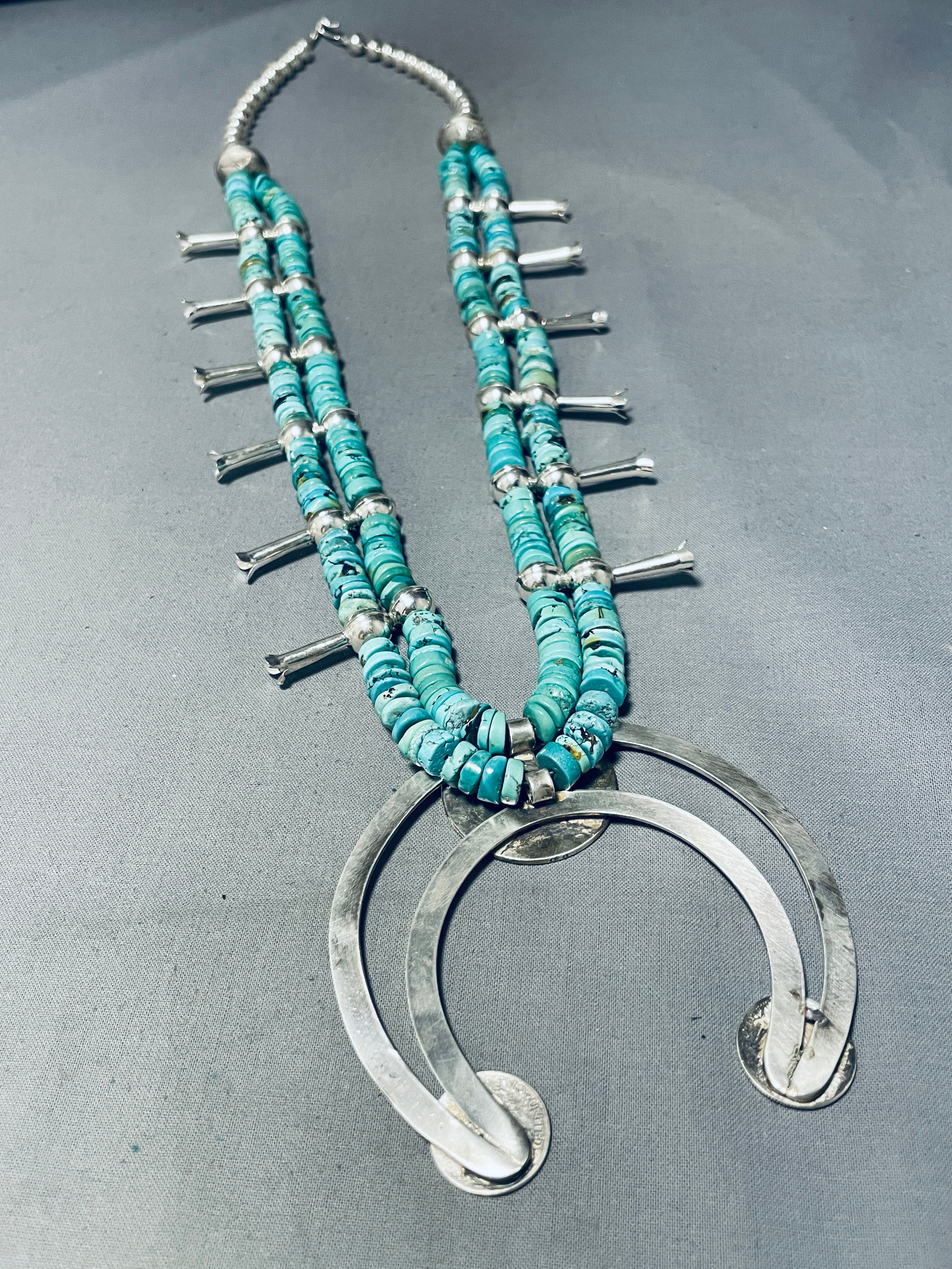 Authentic Navajo Sterling Silver Squash Blossom Necklace with Turquoise Coin - 191g Handcrafted Native American Jewelry for Women - Perfect for Boho Fashion, Weddings & Special Occasions