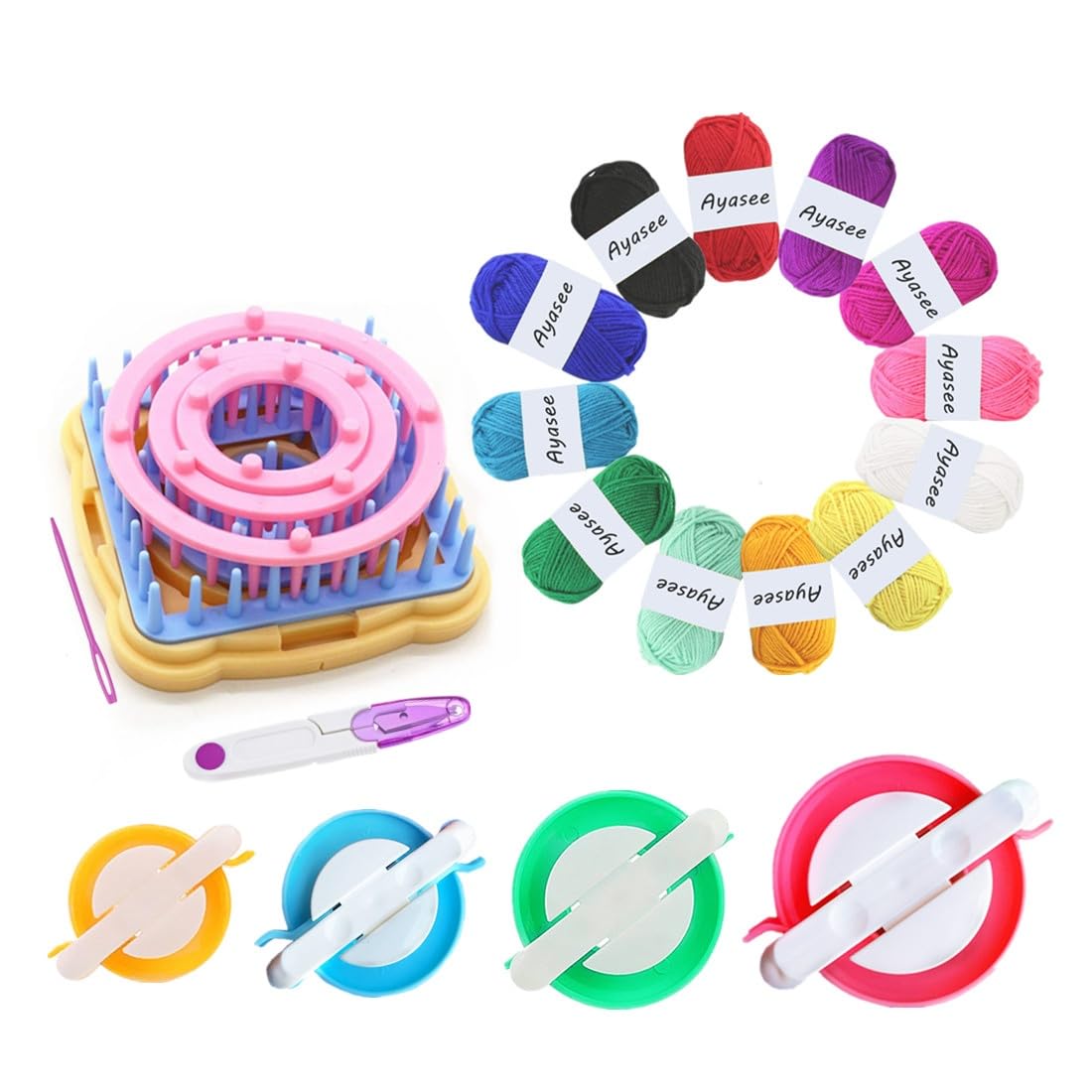 Ayasee Weaving Loom Kit for DIY Crafts - Flower & Pom Pom Maker with Round & Square Frame Looms, Knitting Wool Yarn - Perfect for Scarf, Blanket, Hat Making & Home Decor Projects (Multi-Color)
