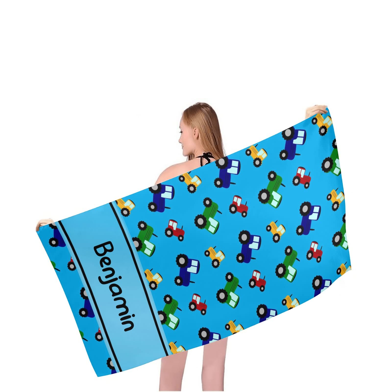 Custom Personalized Tractors Pattern Blue Beach Towel with Name - 30x60 Inch Large Soft Absorbent Pool Towel Blanket for Women, Men, Boys & Girls - Perfect for Beach, Pool, Picnic, Yoga and Outdoor Activities