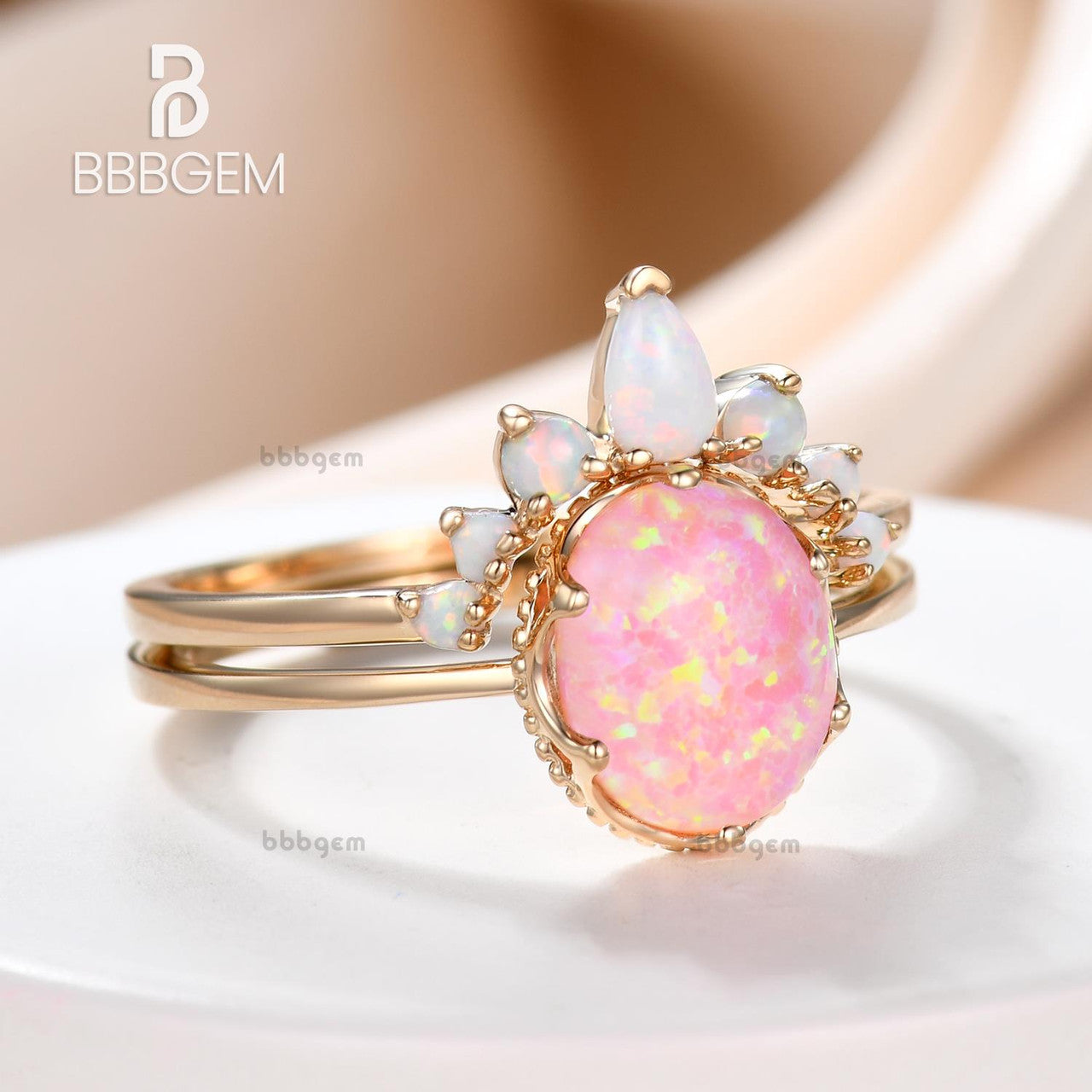 Vintage Opal Wedding Ring Set - Oval Pink Fire Opal Engagement Ring for Women - Perfect for Bridal, Anniversary & Special Occasion Gifts