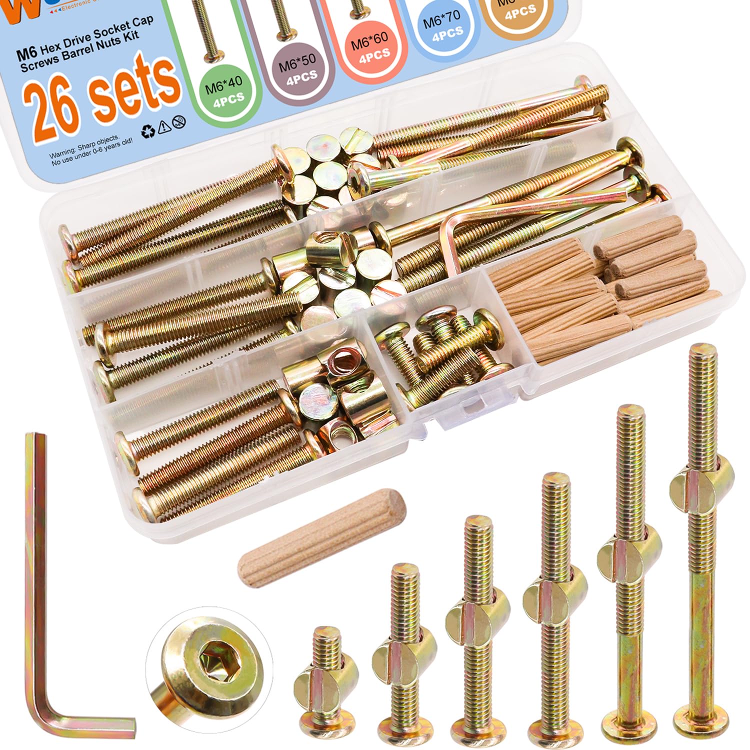 Weideer 26-Piece Crib Screw Kit - M6x20-80mm Bolts, Nuts & Dowels for Baby Beds & Furniture Assembly