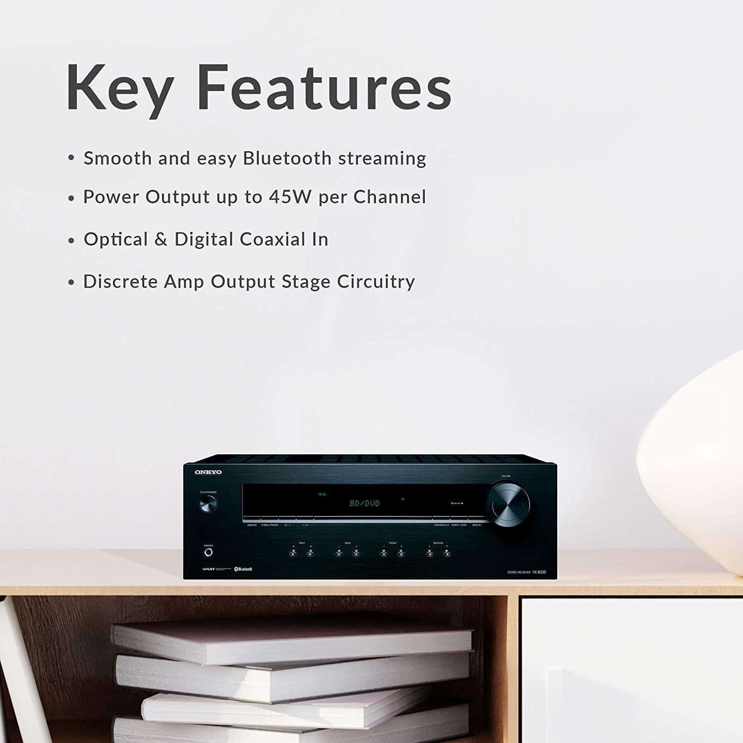 Onkyo TX-8220 Stereo Receiver with Built-In Bluetooth - High-Fidelity Audio for Home Theater, Music Streaming & Wireless Connectivity