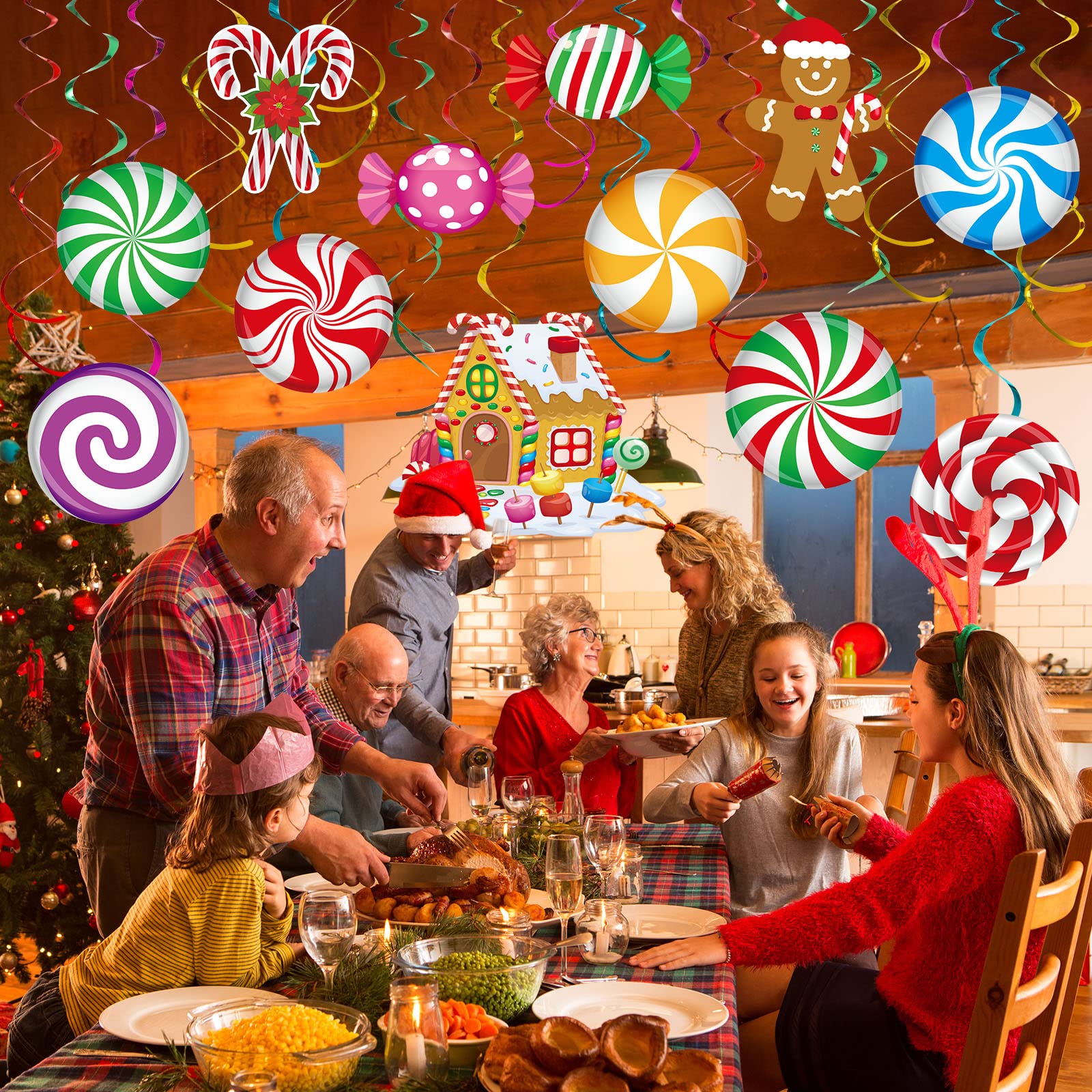 53 Pcs Christmas Hanging Swirl Decorations Set - Gingerbread Man, Candy & Red Cardinal Ornaments for Xmas Tree, Ceiling & Holiday Party Decor | Perfect for Home, Office & Festive Gatherings