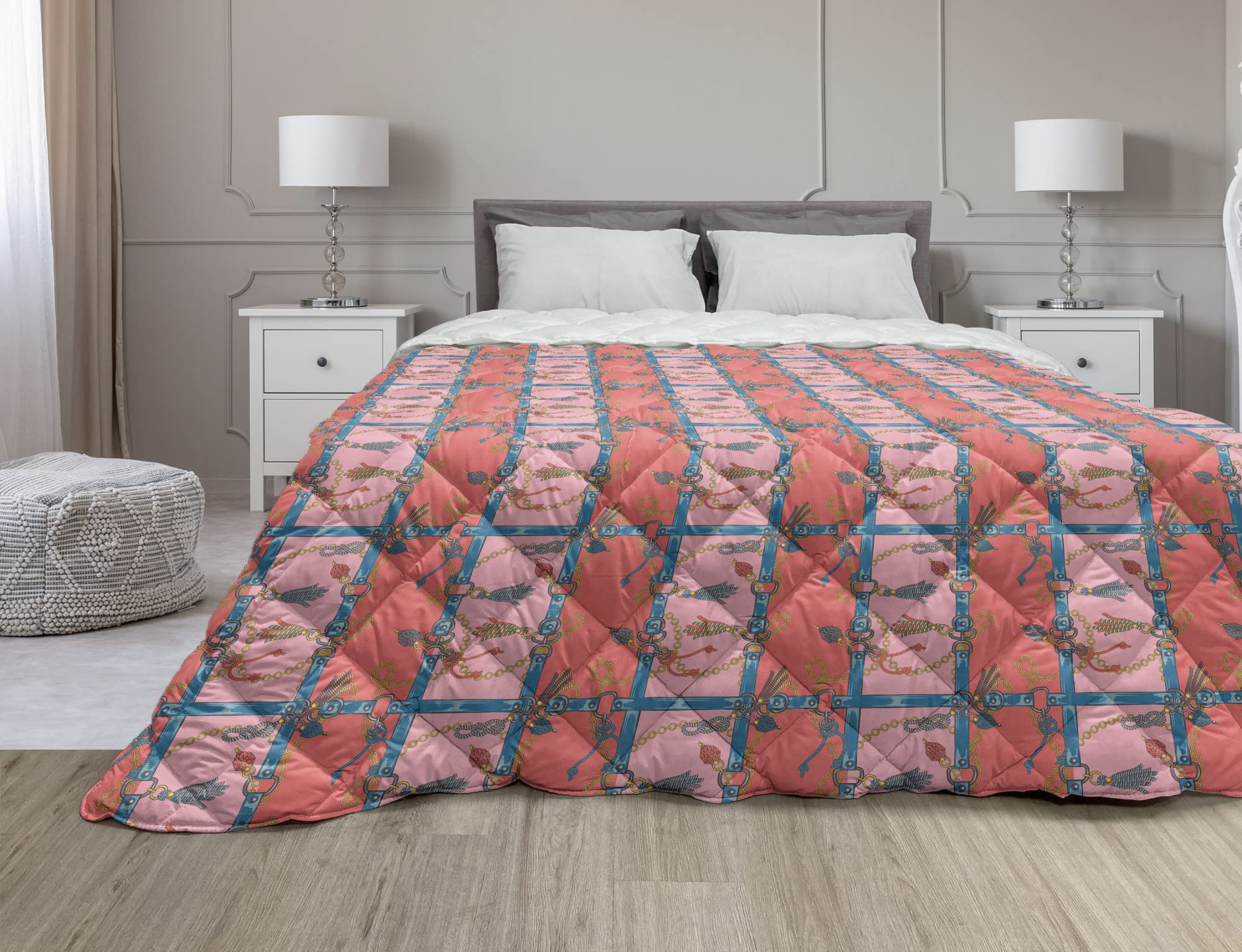 Ambesonne Modern Down Alternative Comforter King Size - Abstract Fashion Design with Chained Grid Lattice Pattern & Blue Accents - All Season Microfiber Quilt in Coral & Multicolor - Perfect for Bedroom, Guest Room & Dorm Decor