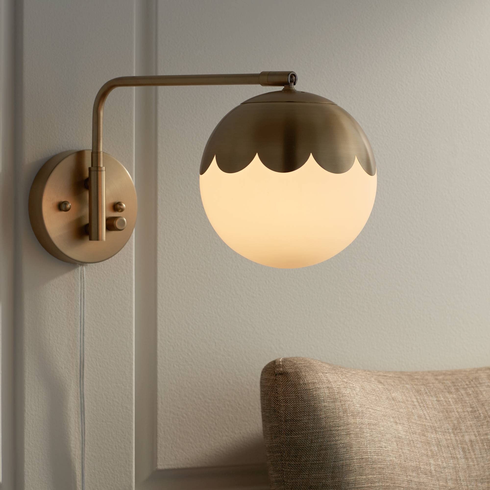 360 Lighting Kelowna Modern Swing Arm Wall Lamps (Set of 2) - Antique Brass Plug-in Wall Sconces with Round Glass Globe Shade - Perfect for Bedroom, Living Room, Hallway & Dining Room Lighting - Ideal for Reading, Bedside & Home Decor