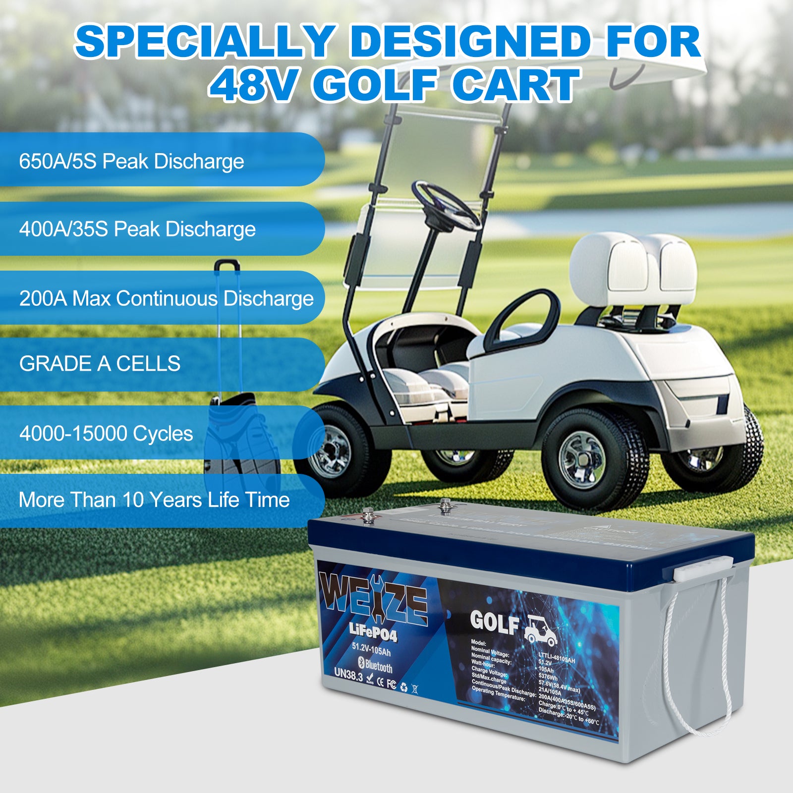 WEIZE 48V 105AH LiFePO4 Golf Cart Battery with Bluetooth - Grade A Cells, 200A BMS, 650A Peak Discharge, FCC Certified (Replaces 6x8V GC8) - Includes 48V 18A Lithium Charger & Low Temp Protection - Perfect for Golf Carts, Electric Vehicles & Off-Grid Power Systems