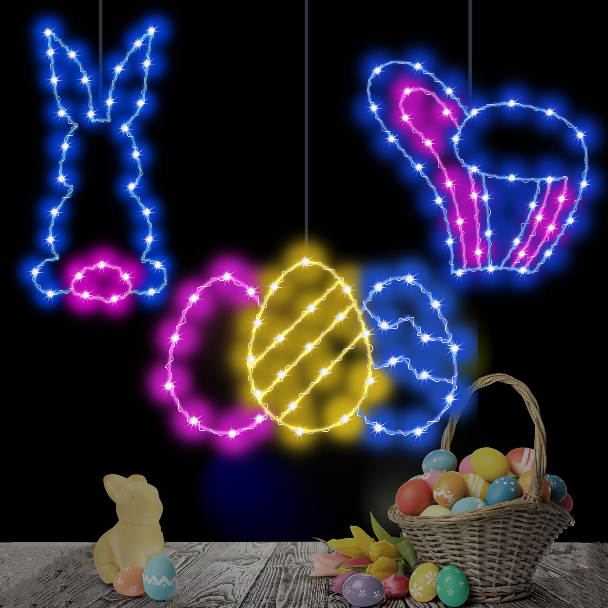 Easter Decorations Lights 3 Pack - Waterproof Indoor/Outdoor Easter Bunny Egg Window Lights with Timer & Remote Control, 8 Lighting Modes (Blue/Pink) - Perfect for Home, Garden, Party and Holiday Decorations