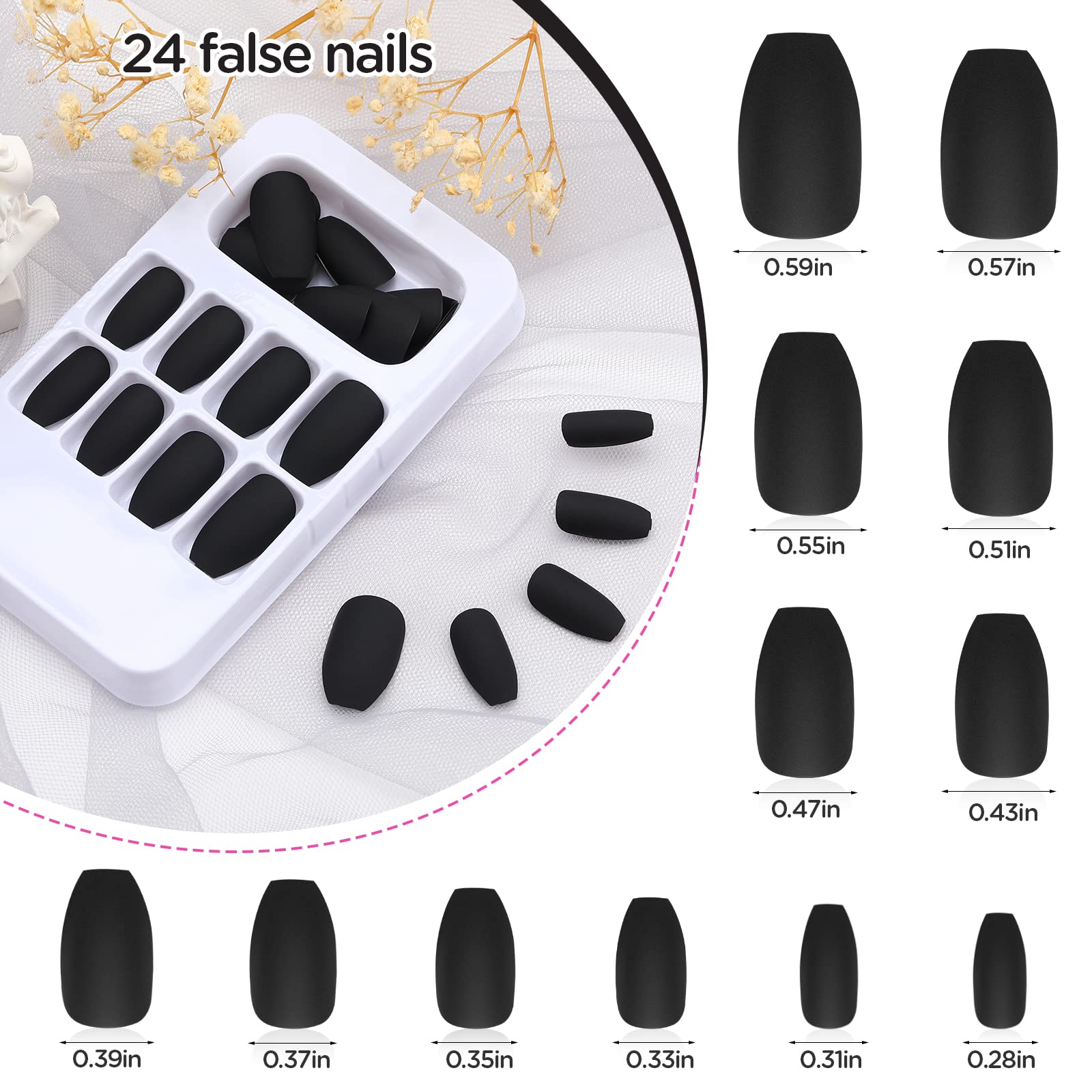 PROUSKY 48-Piece Matte Black Press-On Nails - 24 Sizes Full Cover Coffin Fake Nails, Acrylic False Nails for Women & Girls | Perfect for Parties, Weddings & Everyday Glam