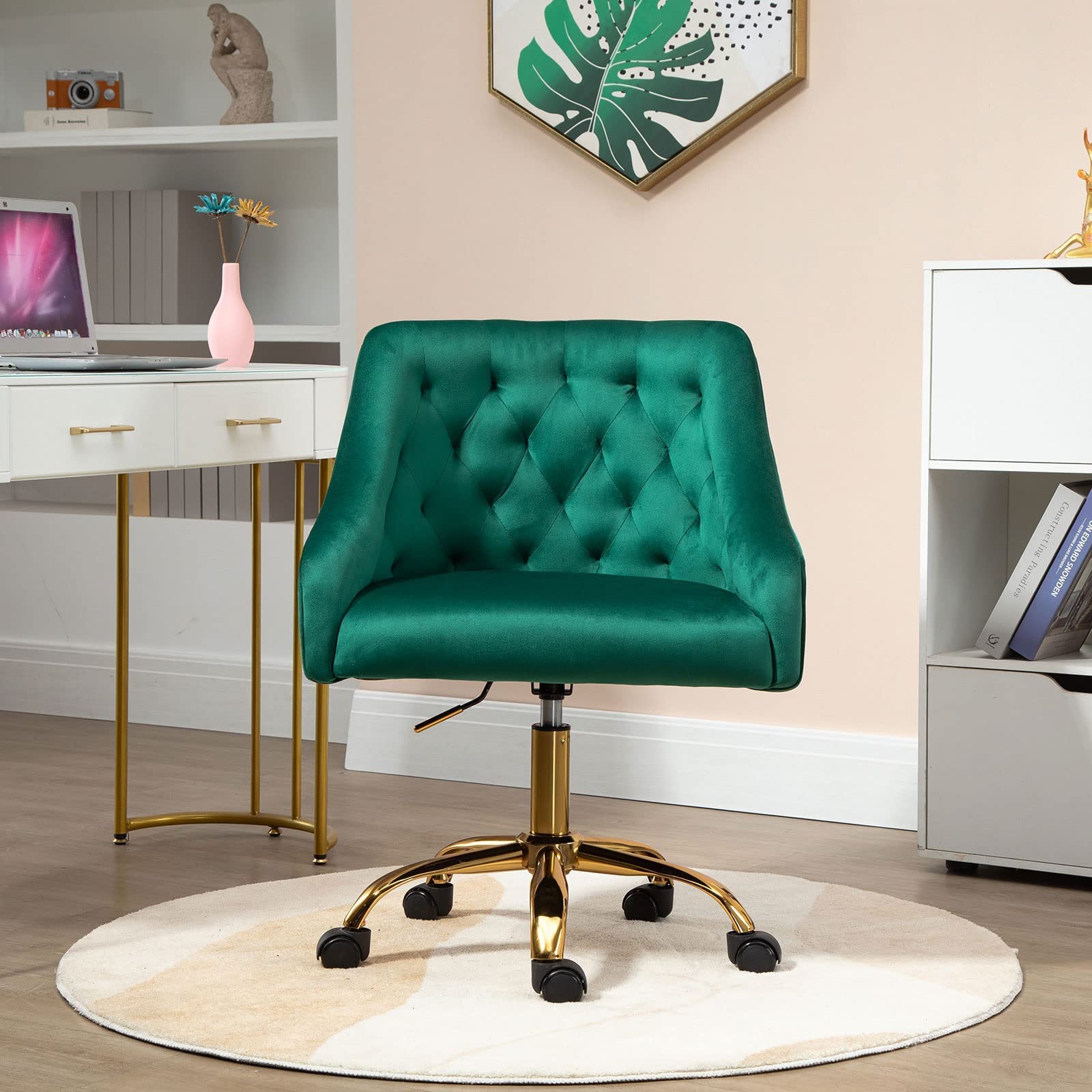 MOJAY Velvet Office Swivel Chair - Luxurious Fabric Desk Chair with 360° Rotation & Height Adjustment, Elegant Gold Base - Perfect for Home Office, Reception Areas & Vanity Desks (Green)