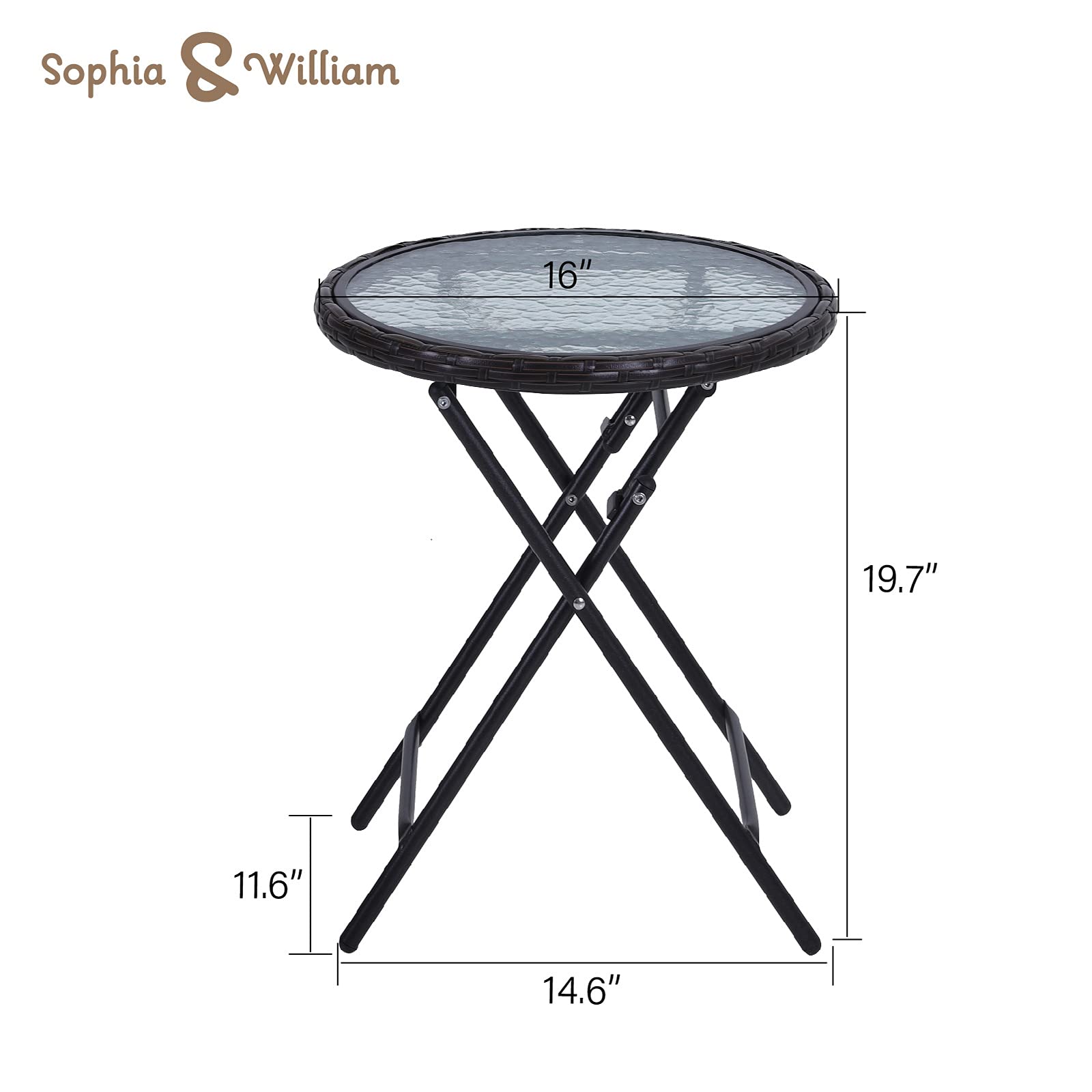 Sophia & William 2-Piece Round Outdoor Folding Side Table Set - Portable Bistro Coffee Table with Tempered Glass Top, Rattan Edge & Metal Frame - Perfect for Patio, Garden, Balcony, Poolside & Indoor Use