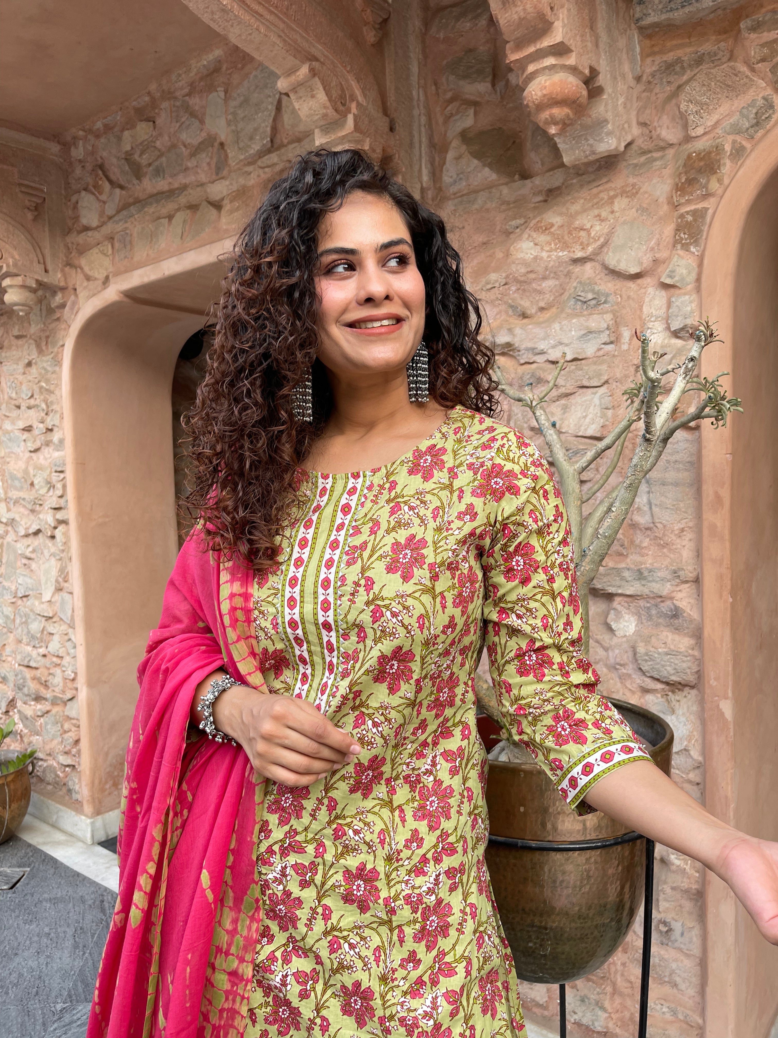 Stylish Green Block Print Kurta Suit Set for Women | Indian Ethnic Wear | Perfect for Festivals, Weddings & Casual Outings