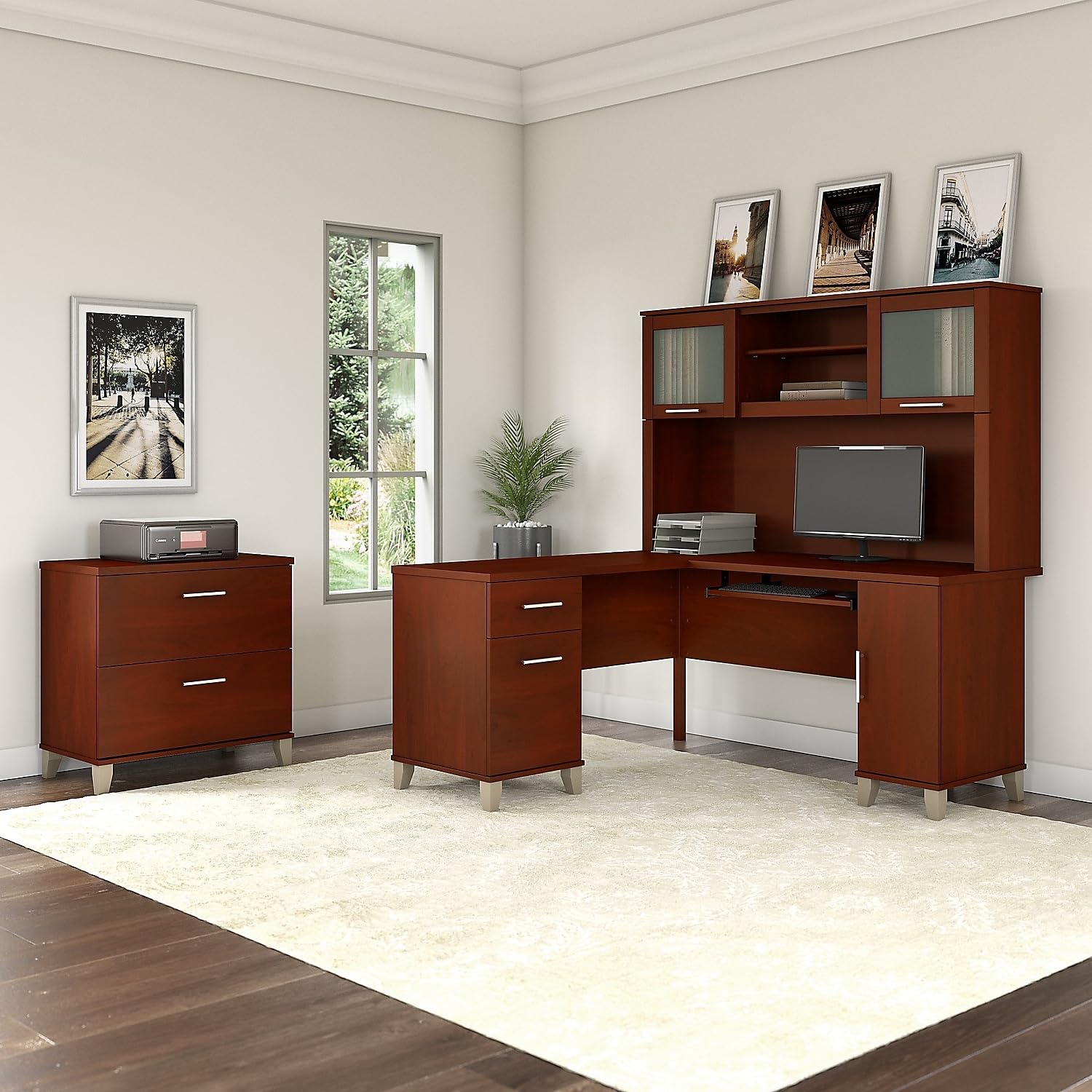 Bush Furniture Somerset L-Shaped Desk with Hutch & Lateral File Cabinet - Home Office Desk for Small Spaces, Workstation with Storage & Organization