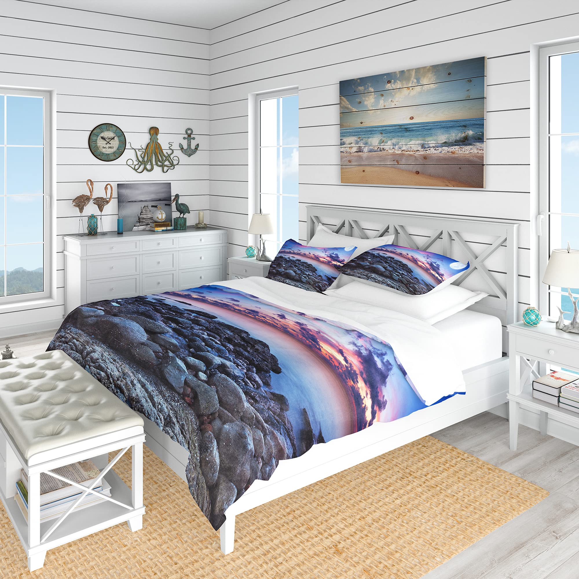 Full Moon Seascape Duvet Cover Set King - Coastal Beach Bedding for All Seasons