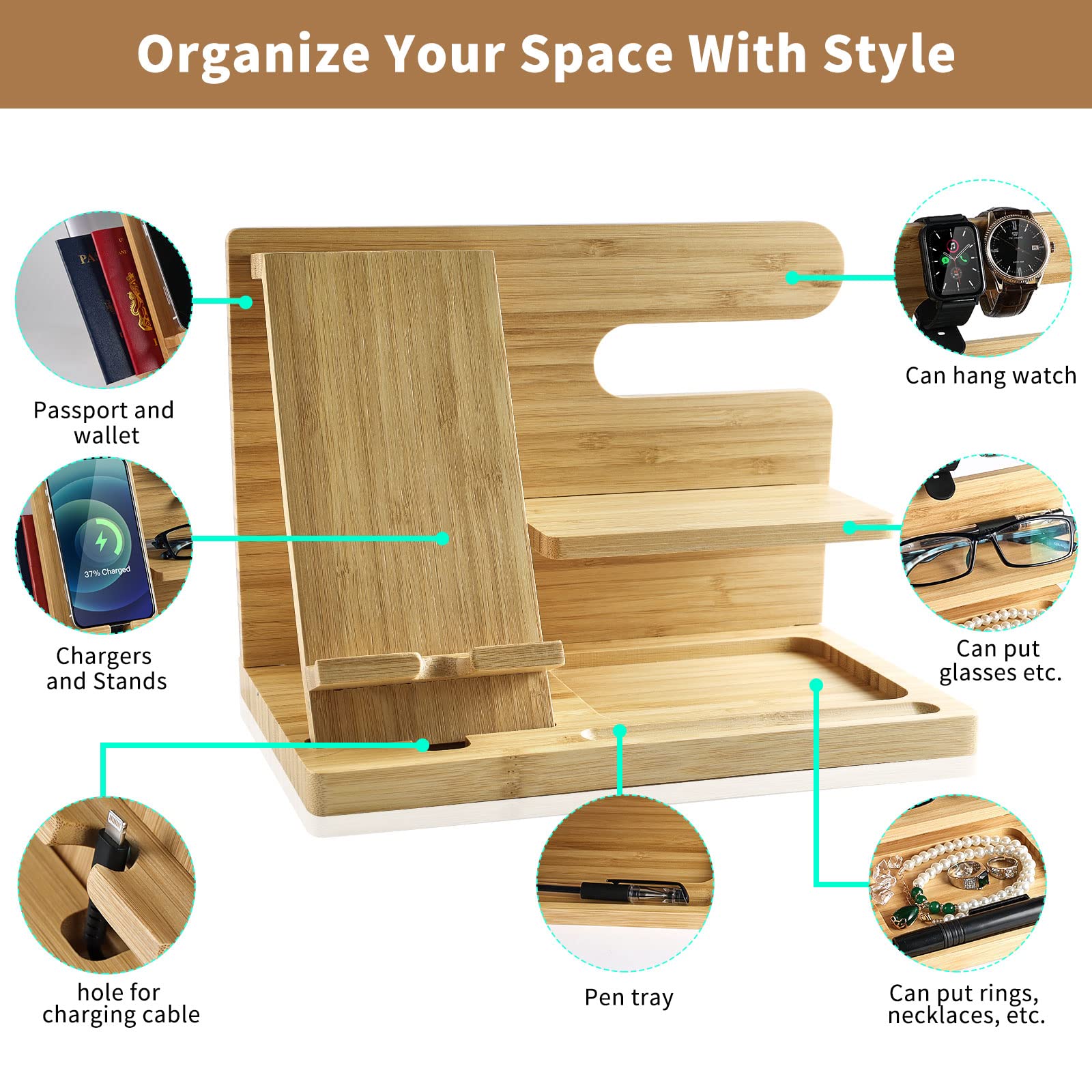 Premium Wooden Docking Station & Charging Organizer for Men - Multi-Device Nightstand Stand for Phone, Watch, Earbuds & Tablets - Perfect Home & Office Electronics Accessory for Neat Charging & Organization