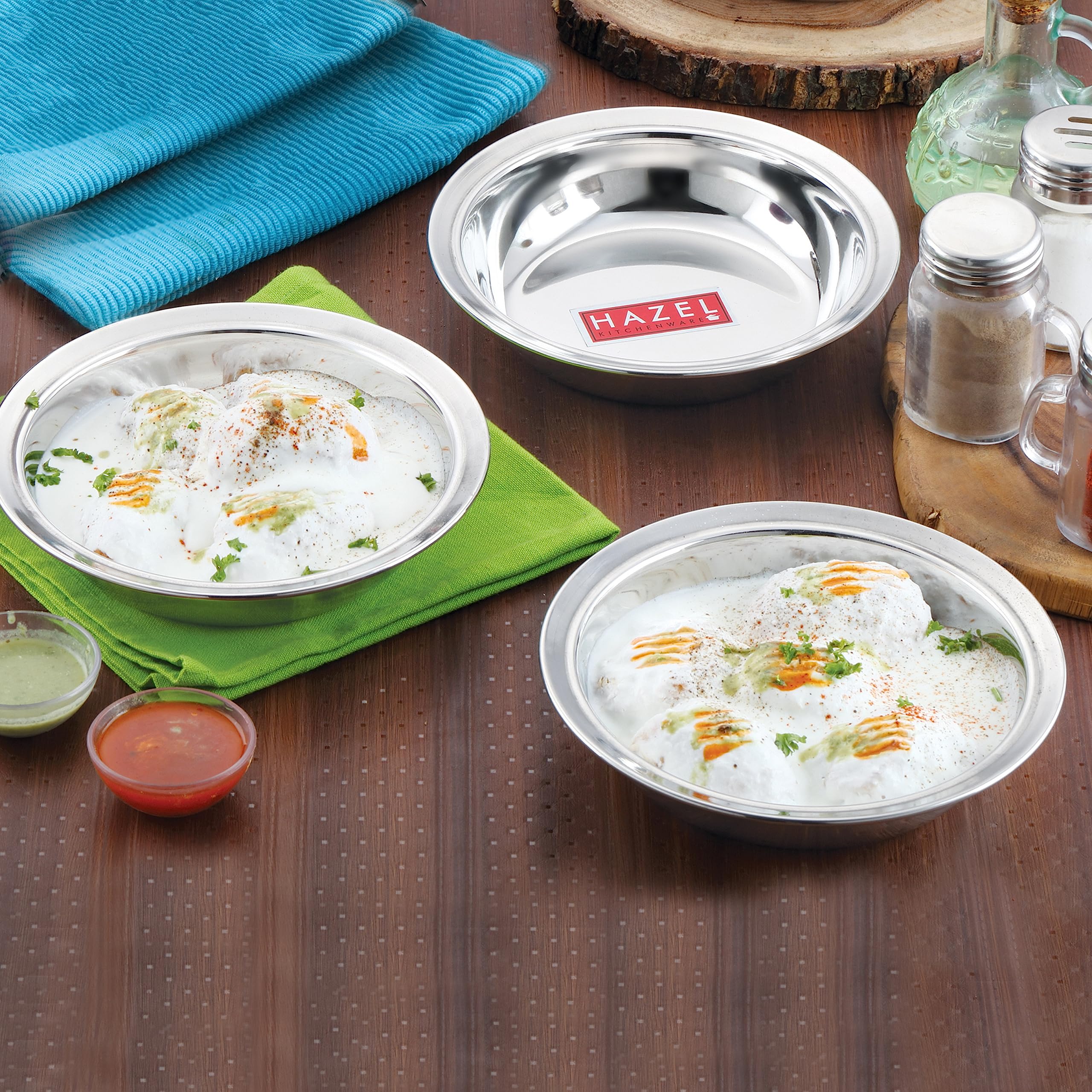 HAZEL Stainless Steel Snack Bowl & Plate Set - 3-Piece Small Appetizer Dishes (270ml) for Snacks, Breakfast, Picnics & Party Serving | Durable & Stylish Kitchenware