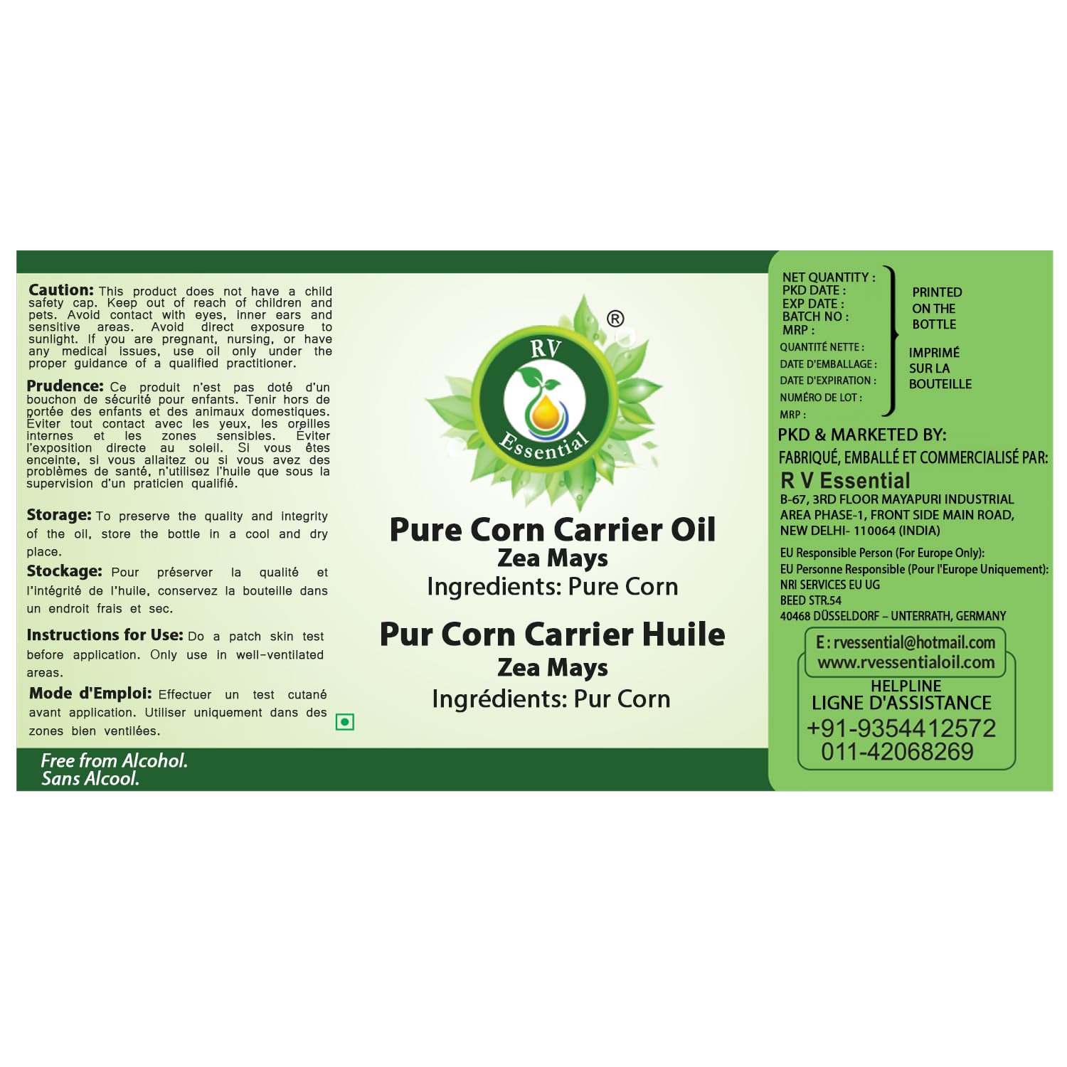 R V Essential Pure Corn Carrier Oil 100ml - 100% Natural Cold Pressed Zea Mays Oil for Aromatherapy, Massage & Skin Care