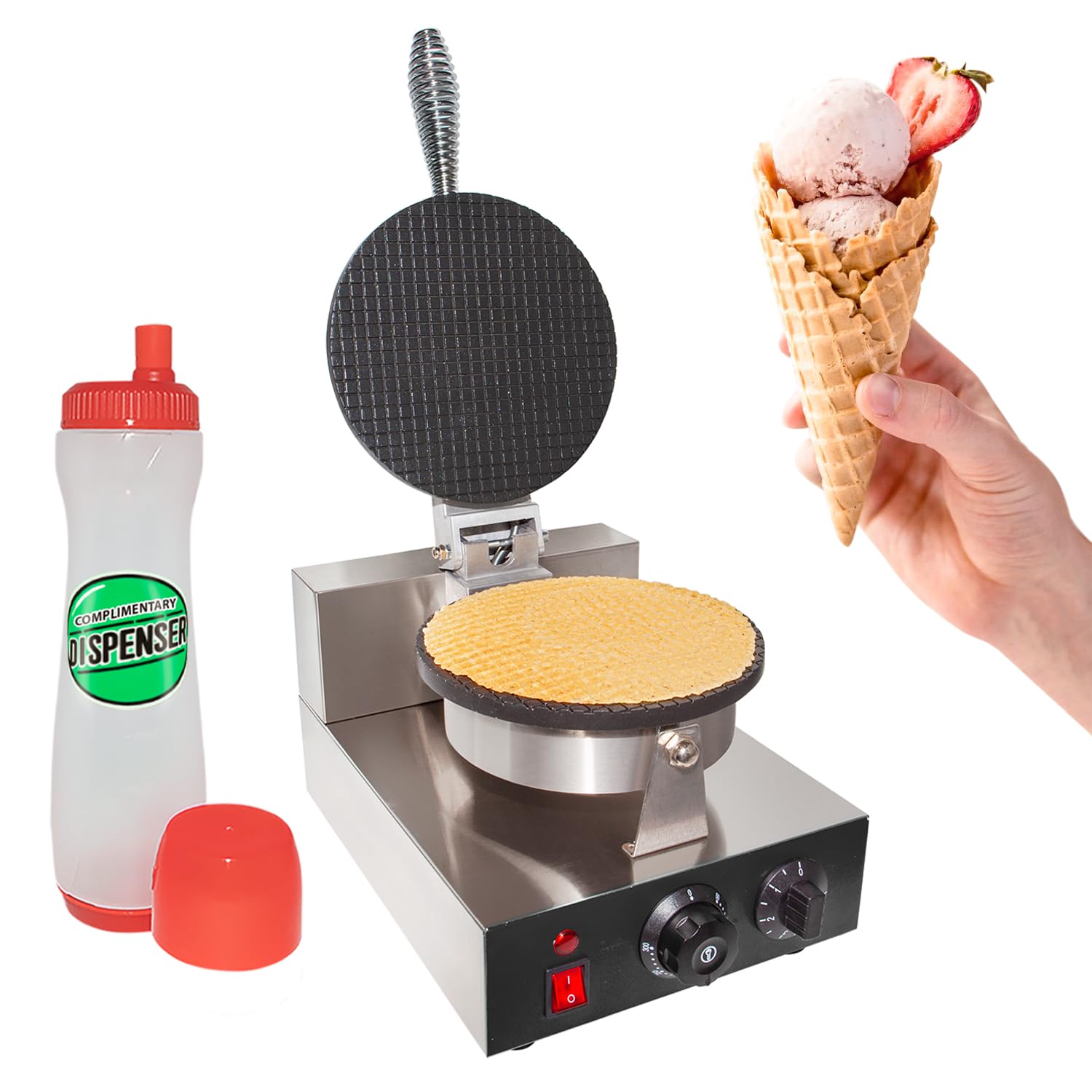 ALDKitchen Waffle Cone Maker Machine - Professional Stainless Steel Electric Waffle Iron for Homemade Ice Cream Cones - Single & Double Non-Stick Plates - 110V for Home & Commercial Use - Perfect for Ice Cream Shops, Dessert Bars & Party Treats