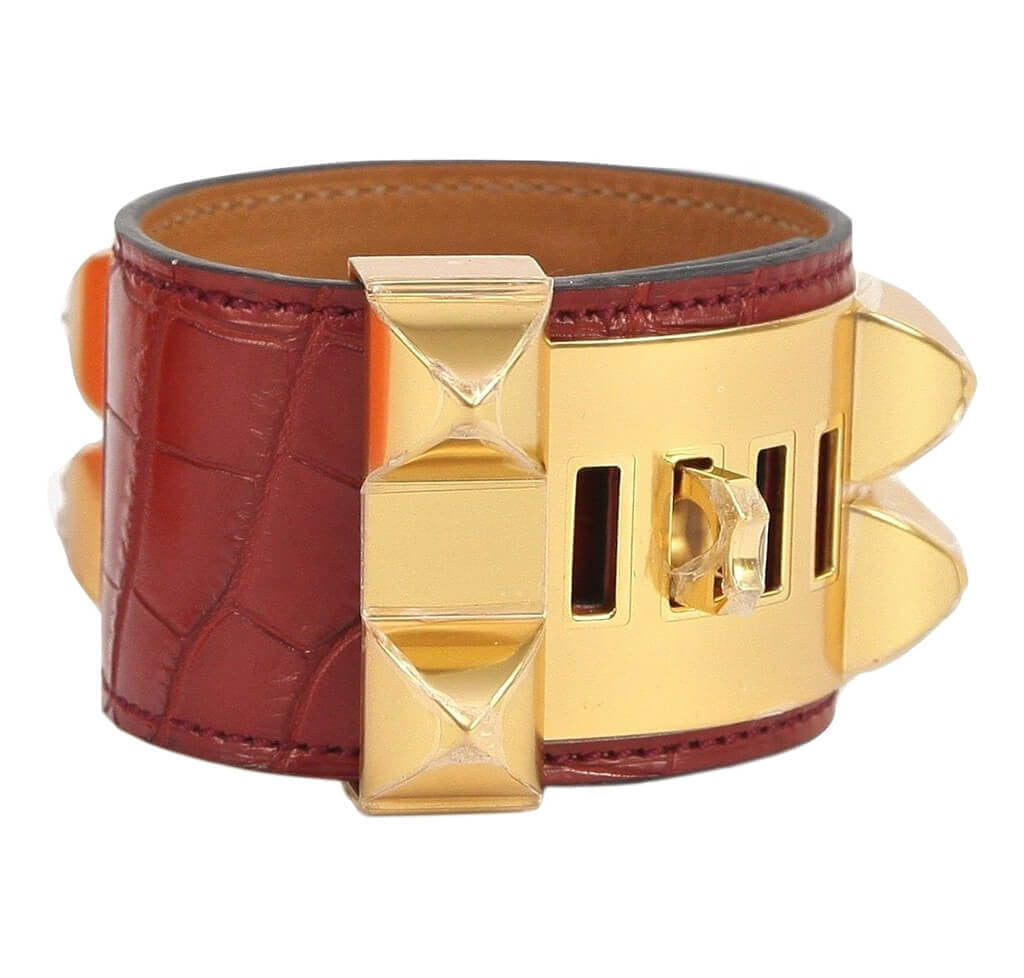 Hermès Collier de Chien Bracelet in Rouge Alligator Leather - Luxury French Designer Cuff Bracelet for Women, Perfect for Evening Events & Special Occasions