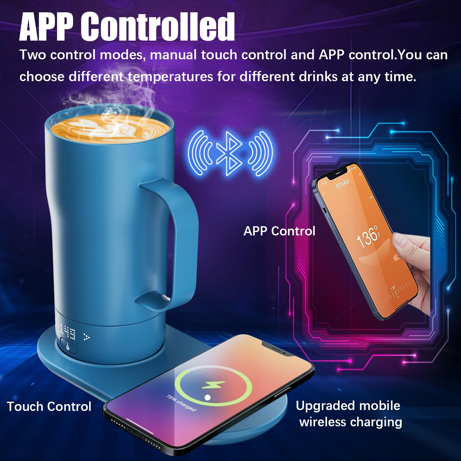 Smart Self Heating Coffee Mug 18oz - App Controlled Temperature Control Heated Travel Mug with LED Display & Wireless Charger Base - Keeps Coffee Hot for 5-10 Hours - Perfect for Office, Commuting, and Outdoor Activities - Lake Blue