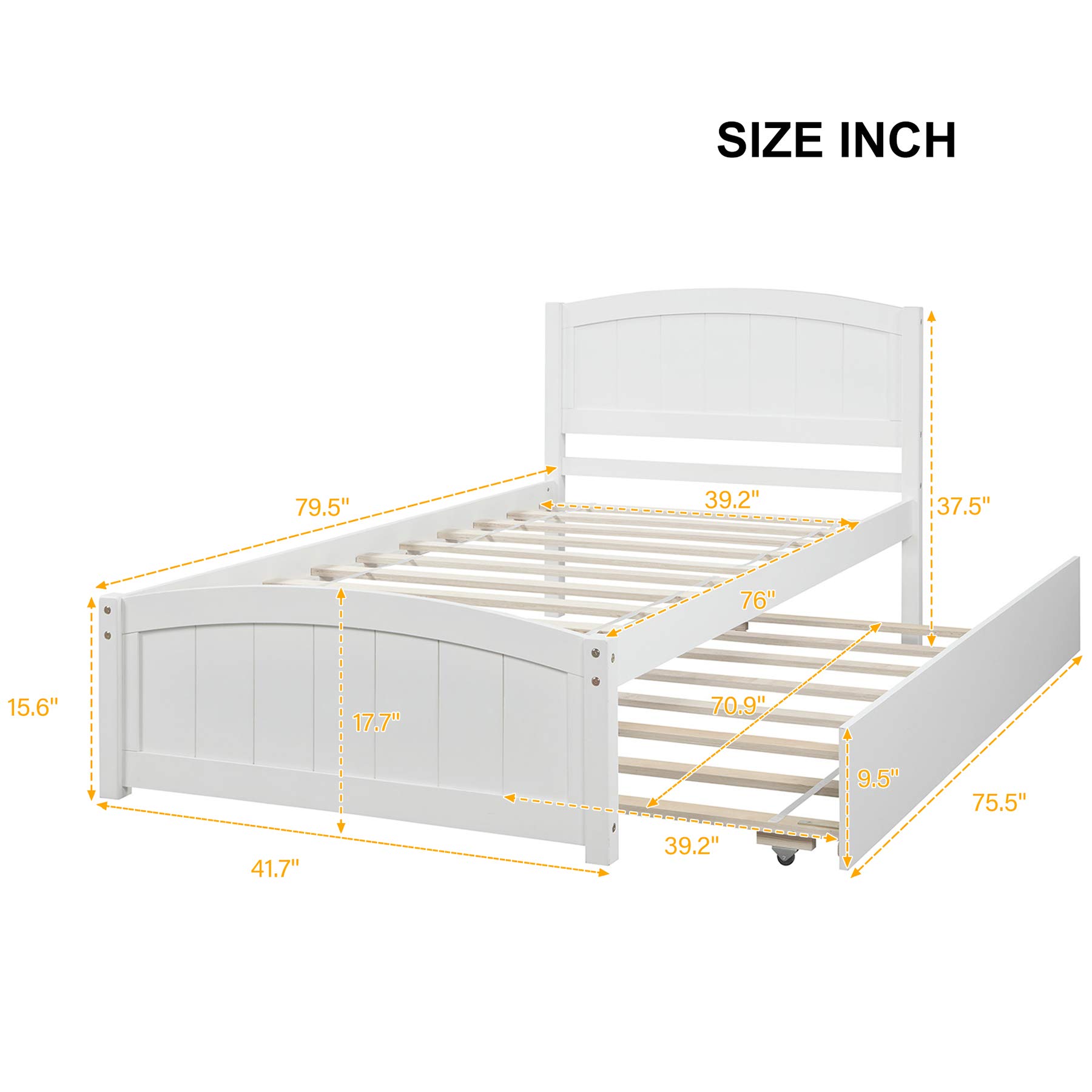 Merax Twin Size Wood Platform Bed Frame with Trundle - No Box Spring Needed, White - Perfect for Kids' Rooms, Guest Bedrooms & Small Spaces