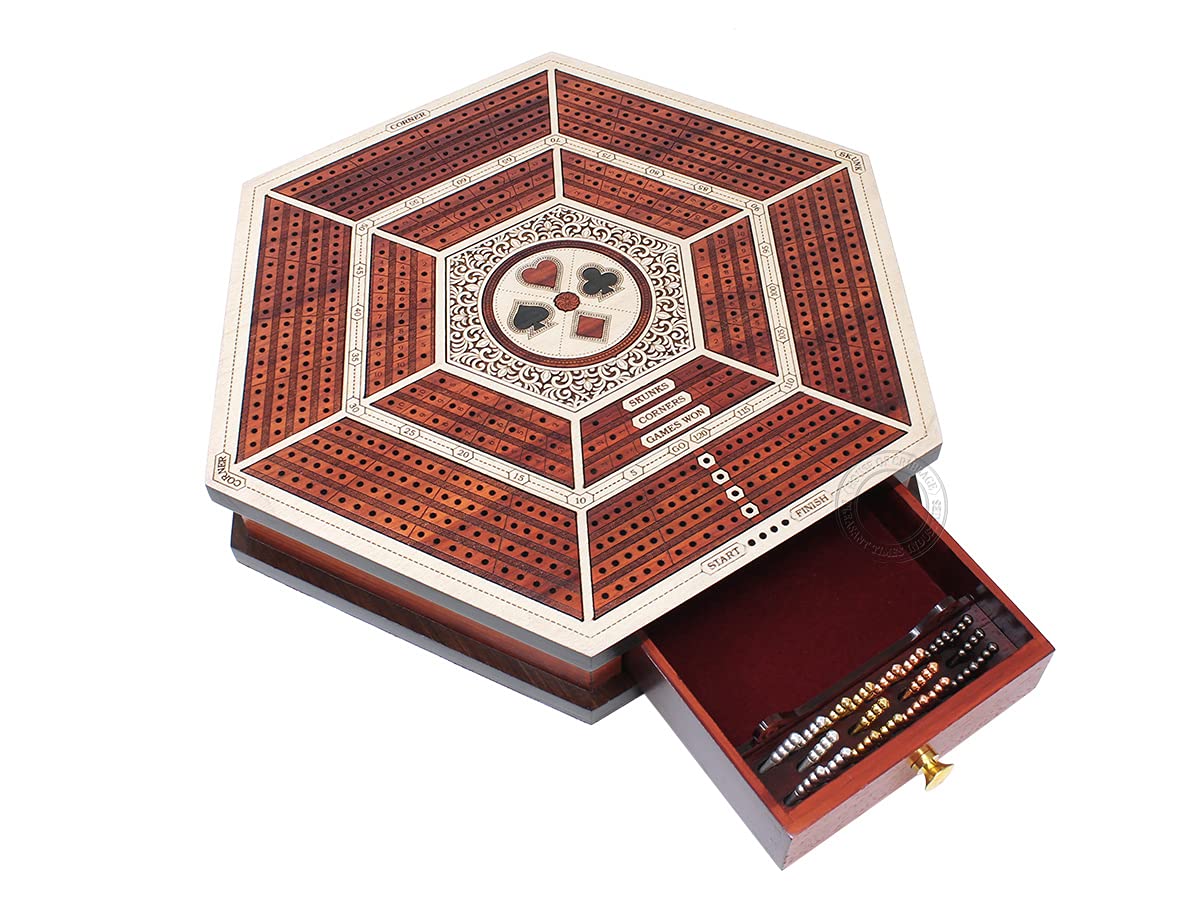 Hexagonal Cribbage Board with 4 Continuous Tracks, Drawer Storage & Score Marking - White Maple/Blood Wood - Perfect for Family Game Nights & Travel