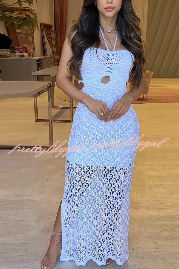 Elegant Sunset Beach Stroll Knit Texture Cutout Detail Halter Stretch Maxi Dress - Perfect for Summer Vacations, Beach Weddings & Boho Chic Outfits