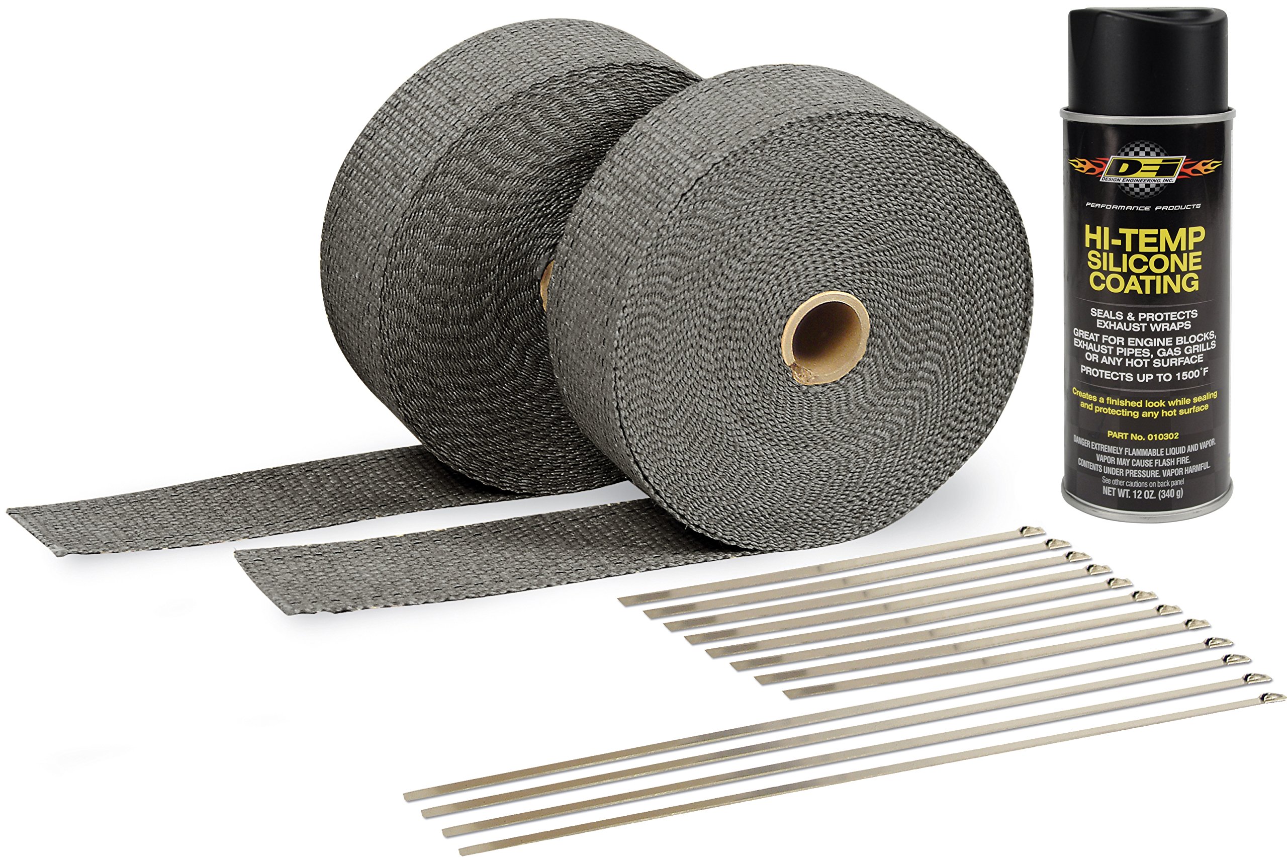 High-Temperature Exhaust Header Wrap Kit with Black Heat Resistant Wrap & Hi-Temp Silicone Coating Spray - Perfect for Automotive, Motorcycle, and Marine Engine Protection