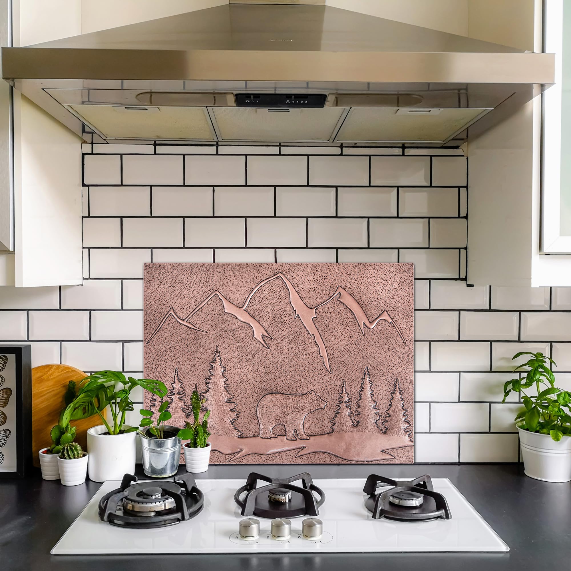 Handmade Custom Copper Backsplash Panel - Bear in the Forest Design for Kitchen & Bathroom Wall Decor | Indoor & Outdoor Use | Rustic Home Improvement & Unique Housewarming Gift
