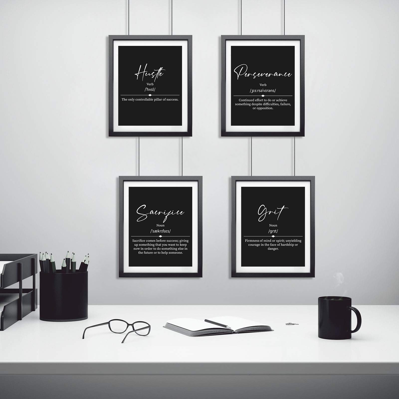 9-Piece Motivational Office Wall Art Set - Grind Hustle Execution Success Quotes, Entrepreneur Posters for Office & Living Room Decor (Black) - Perfect for Home Office, Workspace & Business Inspiration