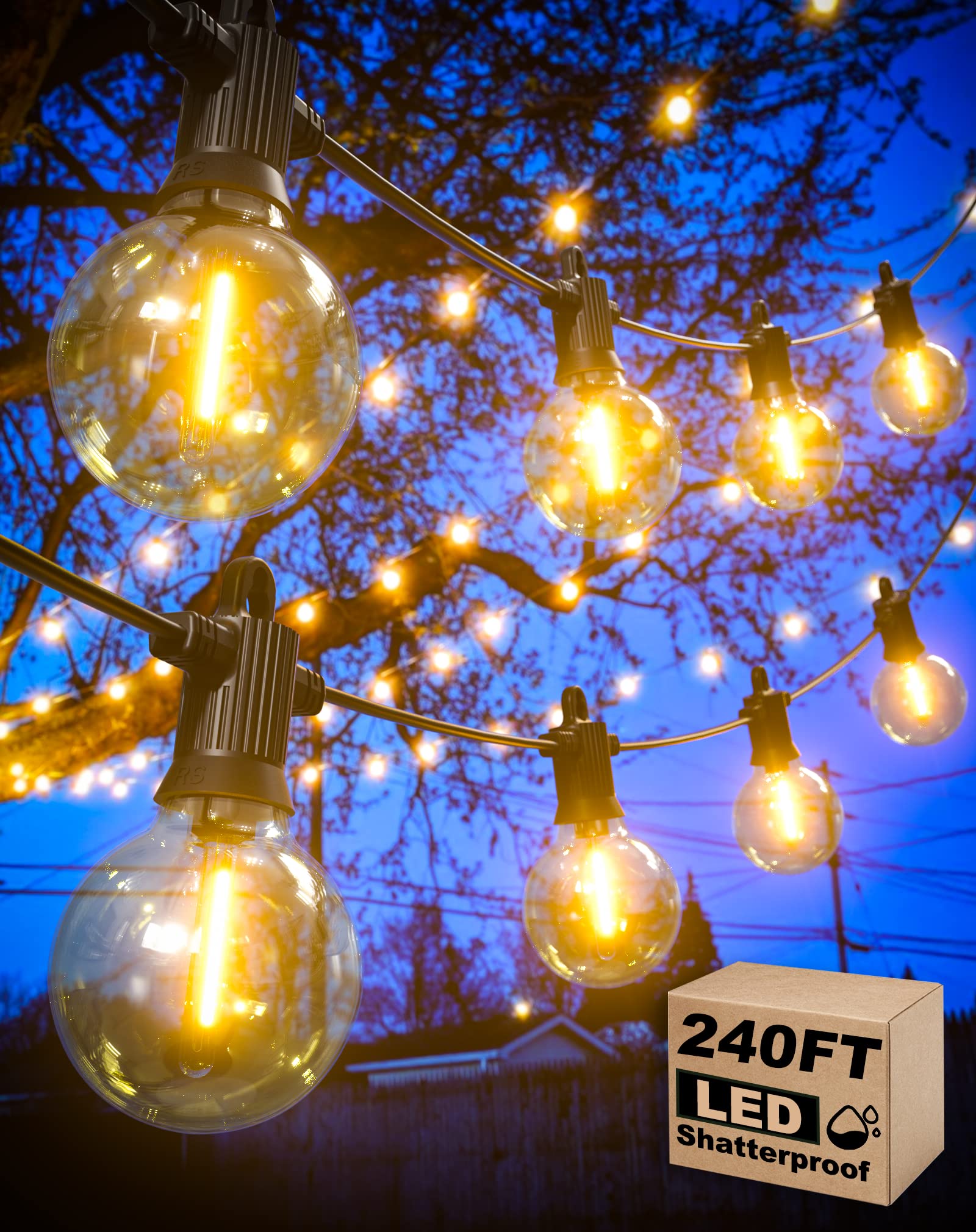 240FT Waterproof Outdoor String Lights - 124 Shatterproof G40 Globe Bulbs (4 Spare Included) - Connectable Dimmable LED Hanging Lights for Backyard, Porch, Balcony & Patio - Perfect for Garden Parties, Weddings & Outdoor Dining