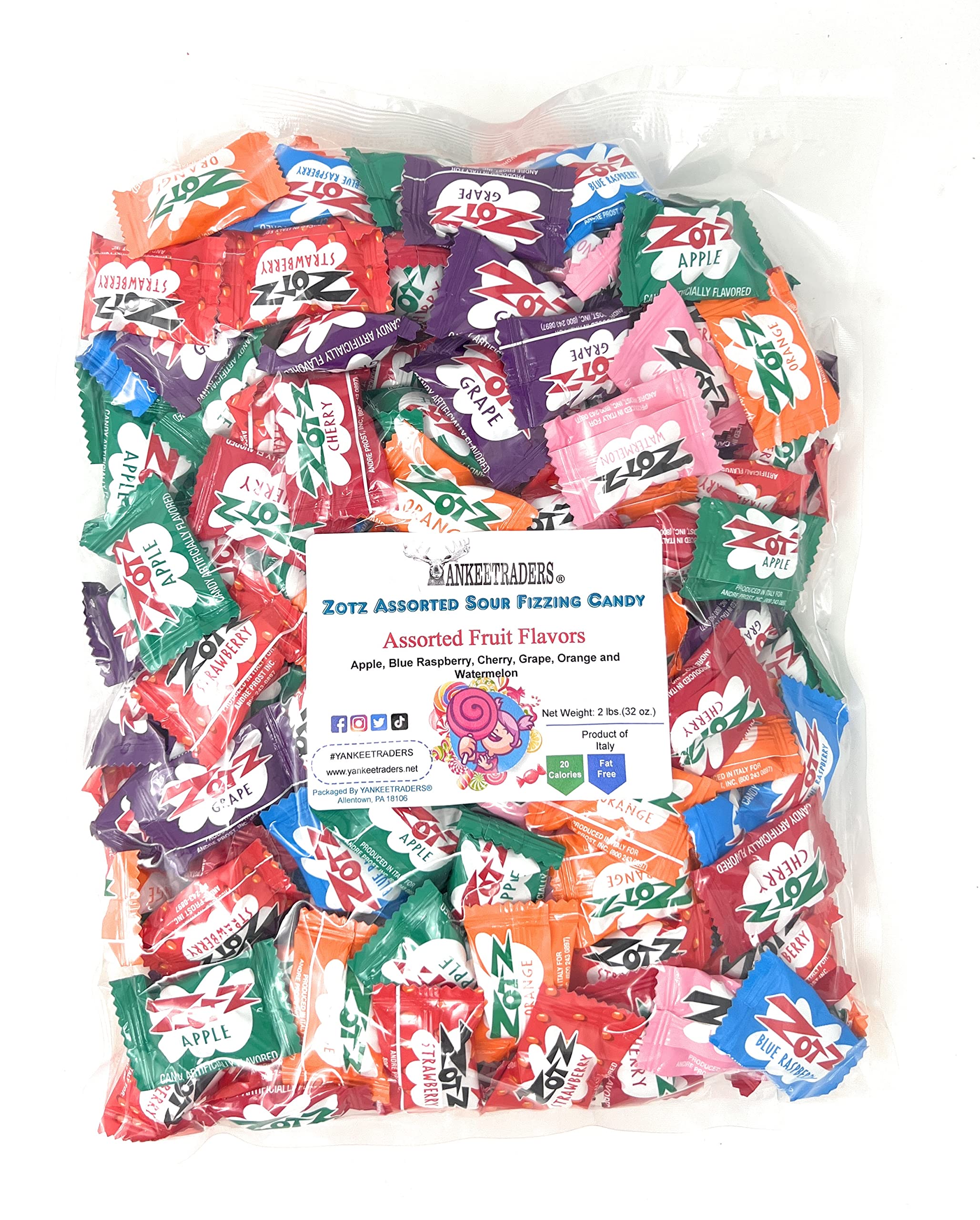 YANKEETRADERS Classic Zotz Assorted Sour Fizzing Candy - 2 Pound Bulk Bag | Retro Sour Candy for Parties, Halloween Treats & Nostalgic Snacking