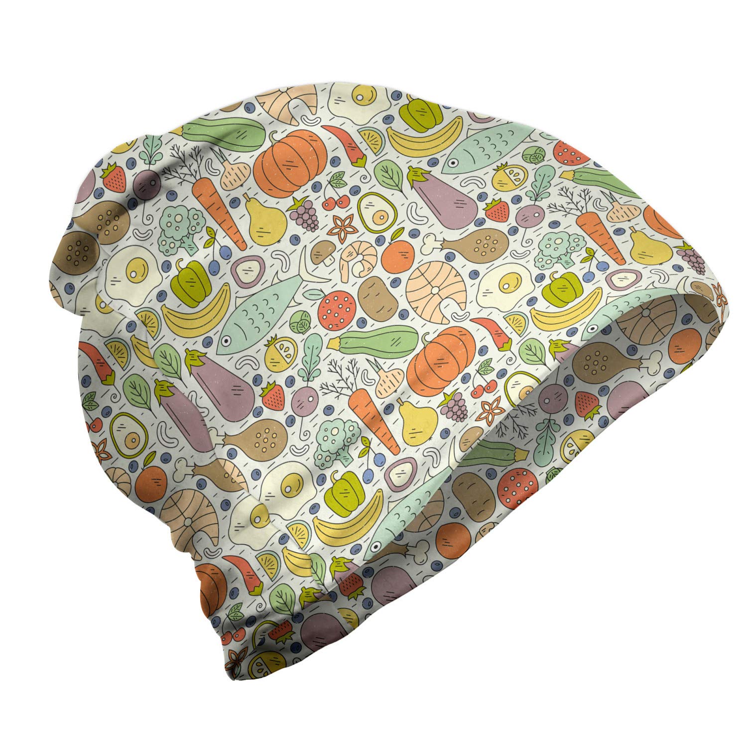 Ambesonne Unisex Beanie - Paleo Diet Foods Print, Warm Knit Winter Hat for Men & Women - Perfect for Hiking, Camping & Outdoor Activities