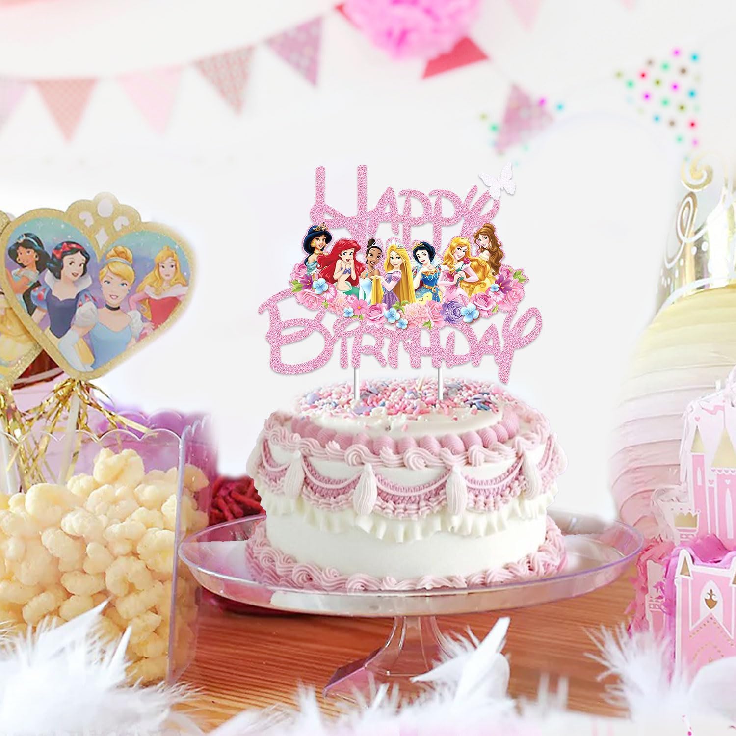 EnlSinr Double-Sided Pink Glitter Princess Cake Toppers for Girls - Elegant Castle-Themed Birthday Party Decorations | Perfect for Princess Birthday Cakes, Baby Showers & Fairy Tale Themed Celebrations